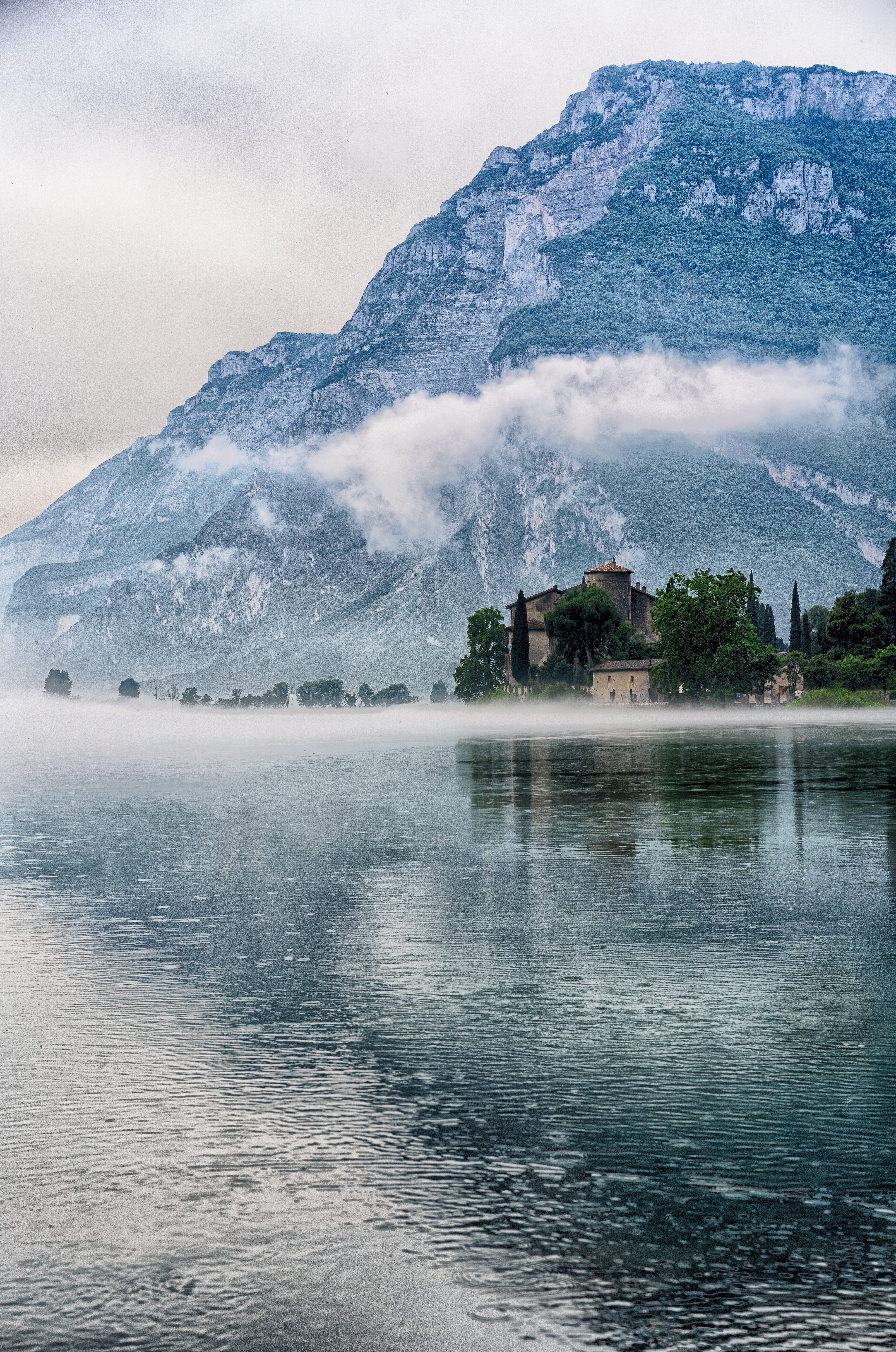 sky, misty, switzerland, trento, beauty In Nature, travel, hill, sea, outdoors, church, mountain Range, nature, castle, toblino, mist, tourism, no People, Phone HD Wallpaper