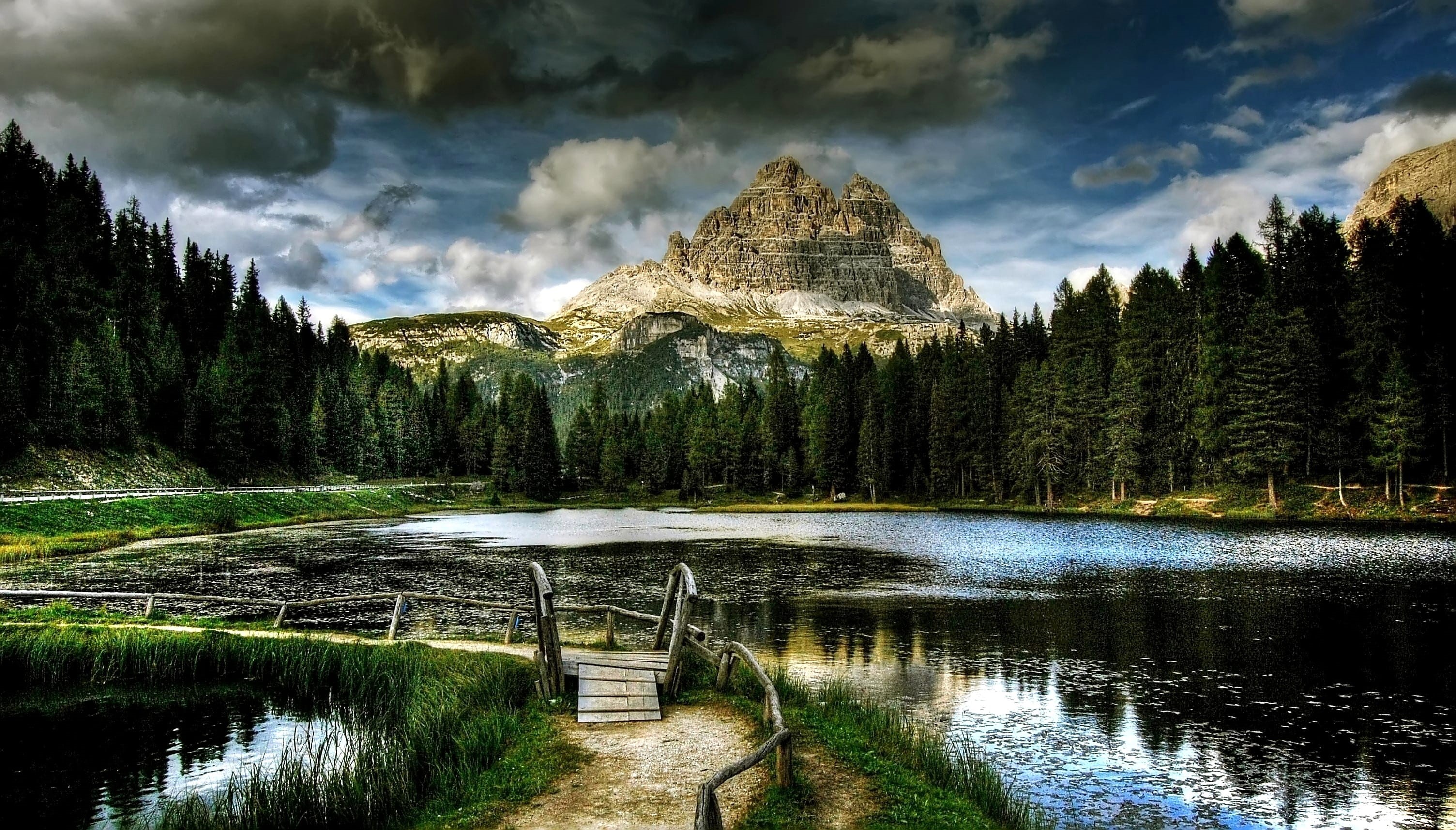 coniferous tree, no People, green Color, dolomite, growth, swamp, lake, rock, non-urban scene, sky, italy, mountains, tree, tranquility, forest, lago antorno, HD Wallpaper