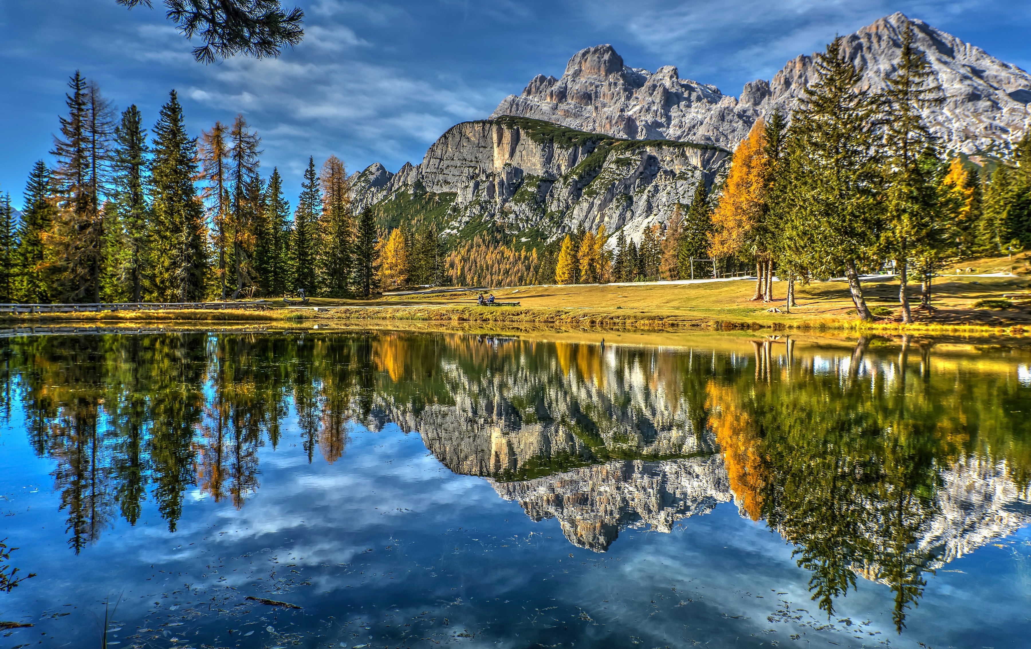Italy, Lake Entorno, reflection, 2K, Lake of Antorno, autumn, Lake Antorno, mountains, trees, lake, The Dolomites, Dolomites, HD Wallpaper