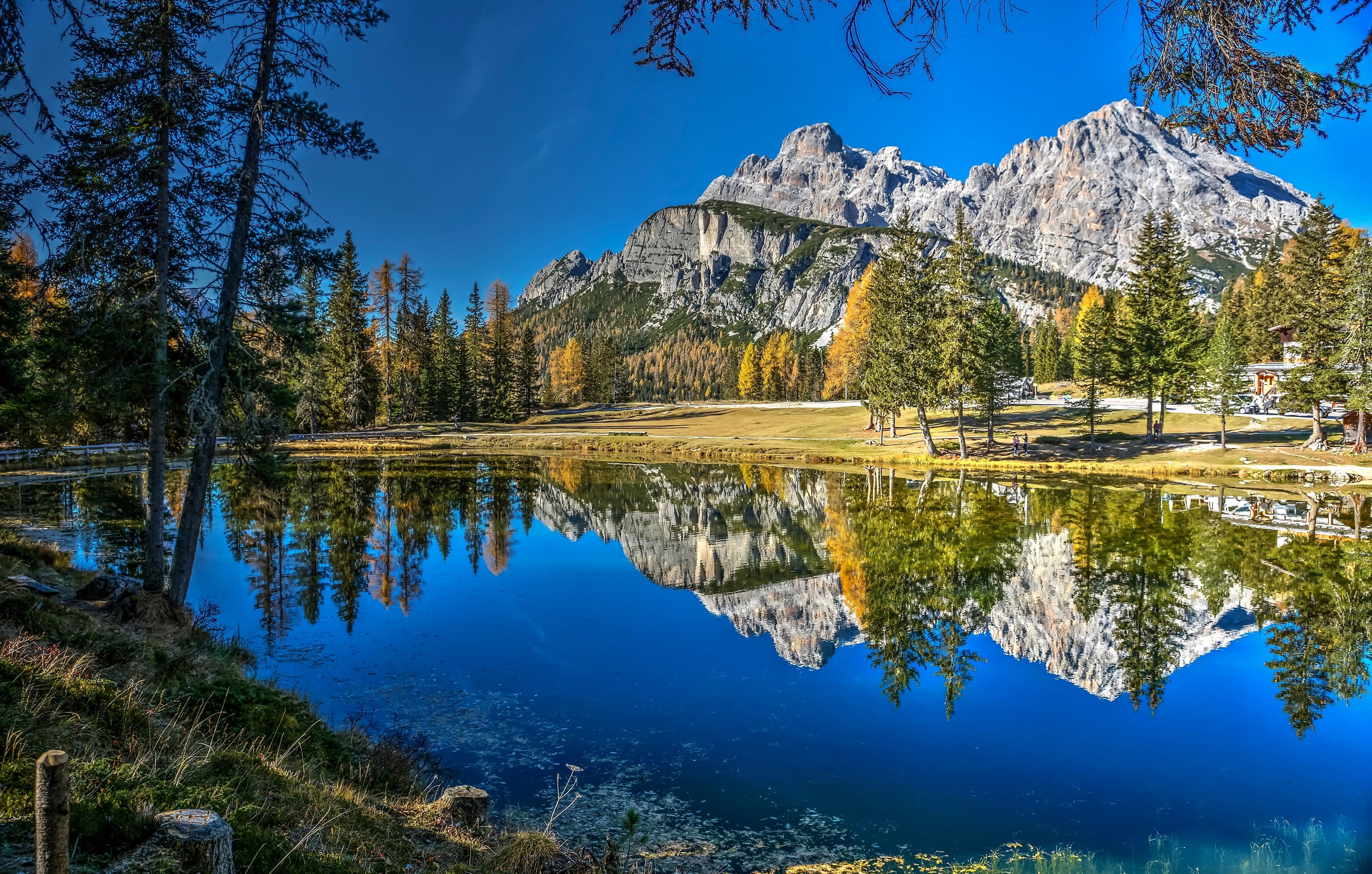 trees, mountains, Lake Entorno, lake, 2K, Lake Antorno, Italy, The Dolomites, Lake of Antorno, reflection, Dolomites, autumn, HD Wallpaper