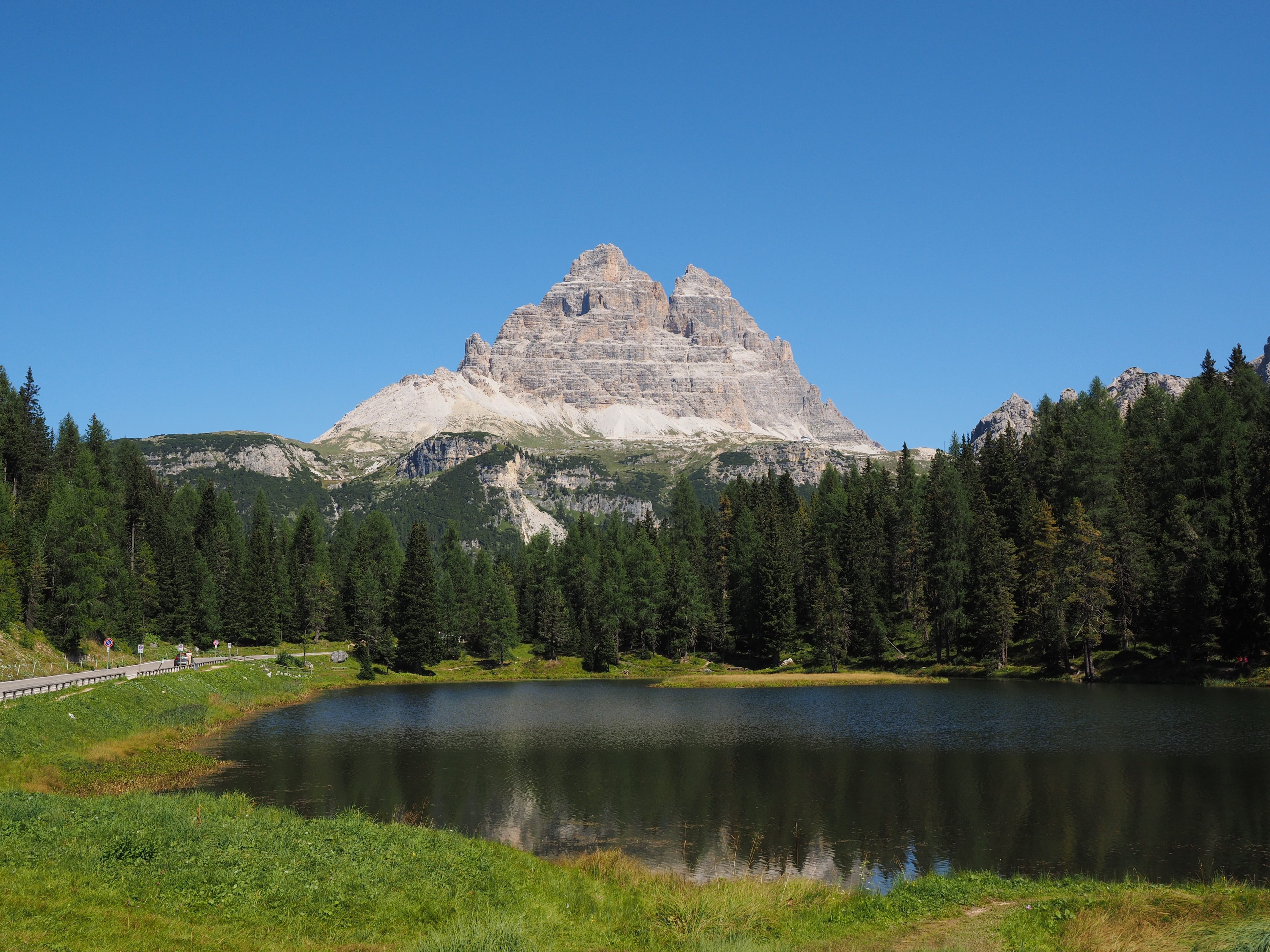 italy, climbing mountains, tranquil scene, the sesto dolomites, three zinnen, preuß tower, unesco world heritage, idyll, pine woodland, reflection, clear sky, HD Wallpaper