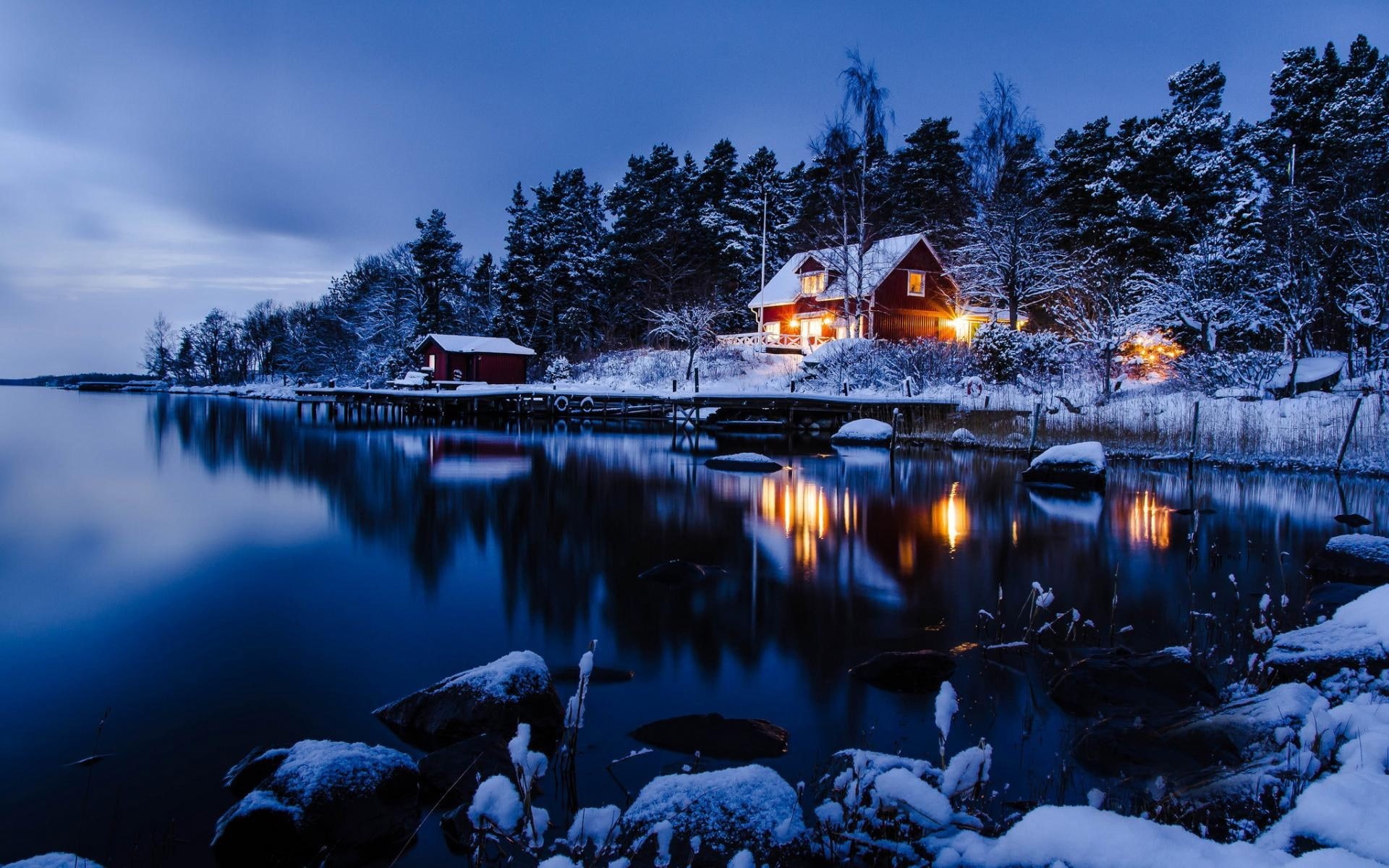 plant, reflection, 1080P, built structure, nature, illuminated, night, building exterior, outdoors, dusk, tree, cold temperature, water, lago, snow, sky, HD Wallpaper