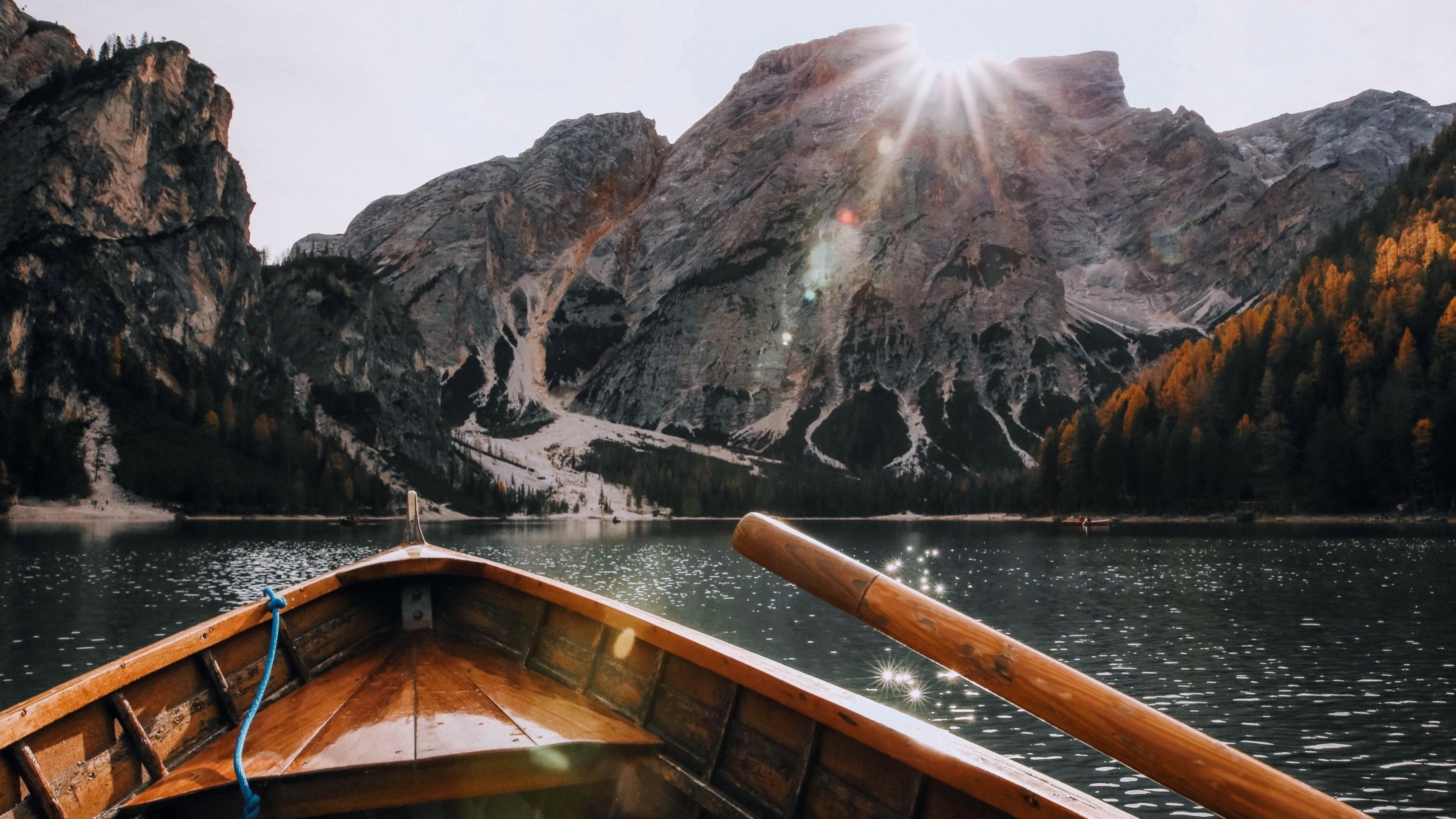 sunbeam, transportation, boat, mountain, no people, sky, rowing boat, rock, mountain range, tourism, pragser wildsee, italy, dolomites, sun ray, cliff, HD Wallpaper