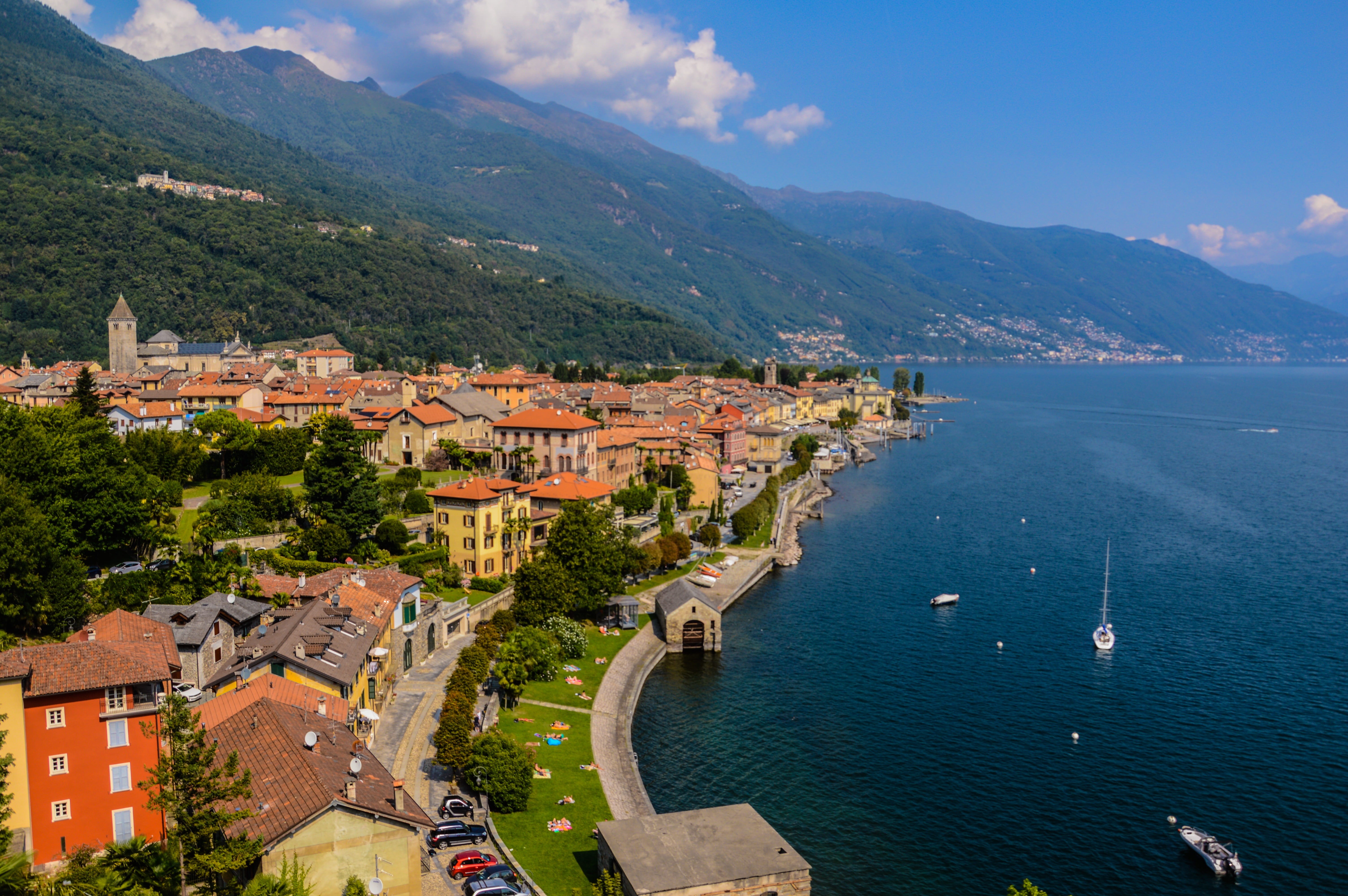 beside, sea, townscape, city, beach, architecture, water, sky, outlook, no people, houses, body, cannobio, mountains, italy, day, building exterior, idyllic, HD Wallpaper
