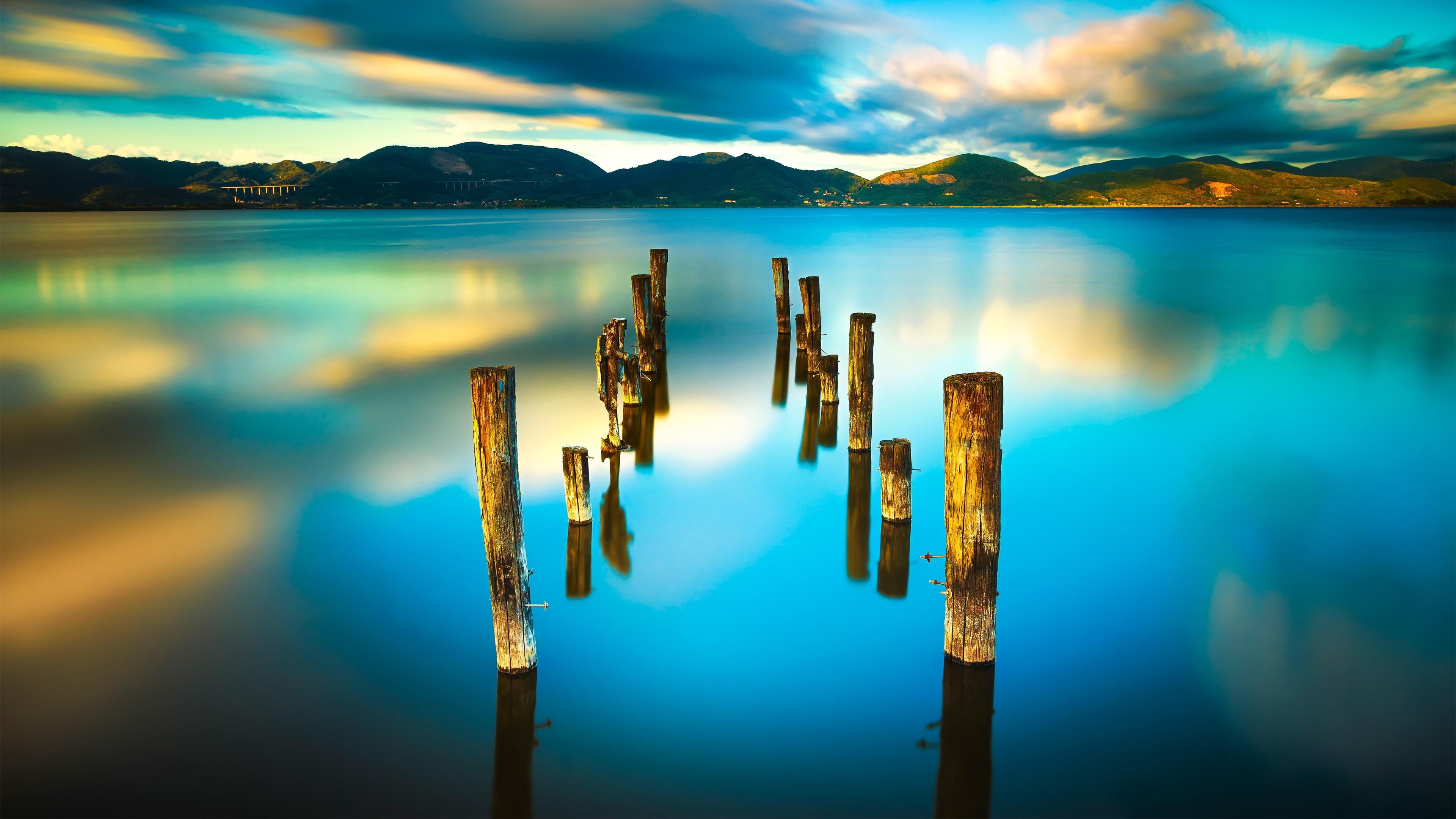 italy, calm, europe, torre del lago puccini, nature, reflection, dawn, jetty, 4K, massaciuccoli, sky, cloud, lake, shore, massaciuccoli lake, lago di massaciuccoli, HD Wallpaper