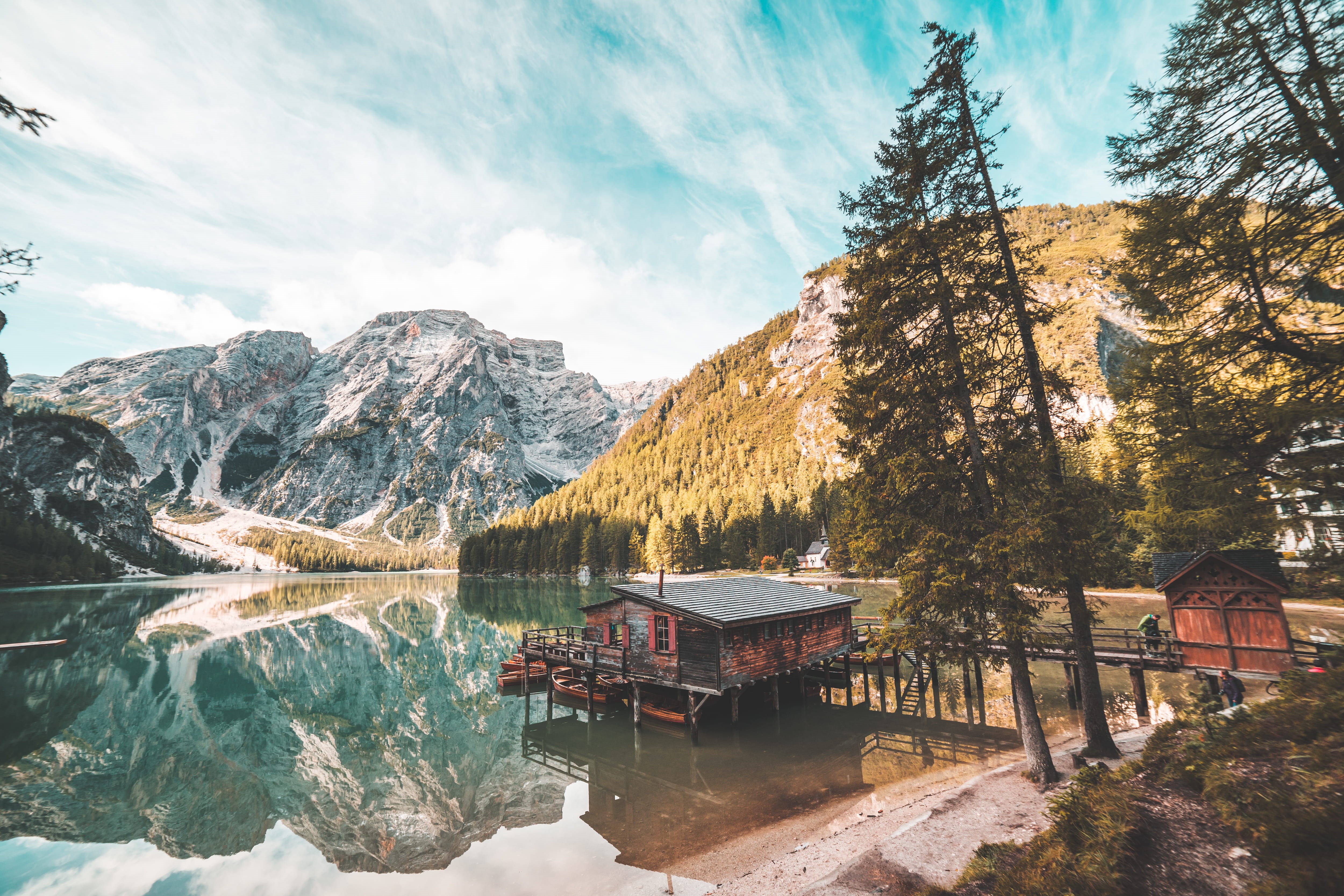 architecture, winter, pragser see, beauty in nature, forest, pier, morning, sky, river, travel, no people, scenics - nature, braies, reflection, beautiful, HD Wallpaper