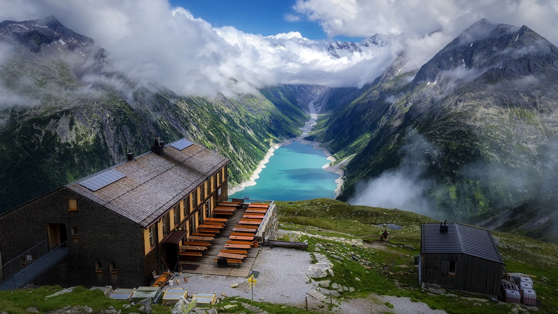 architecture, power in nature, vista, wilderness, 1080P, panorama, built structure, water, cloud - sky, reflection, europe, lake, zillertaler alps, sky, HD Wallpaper