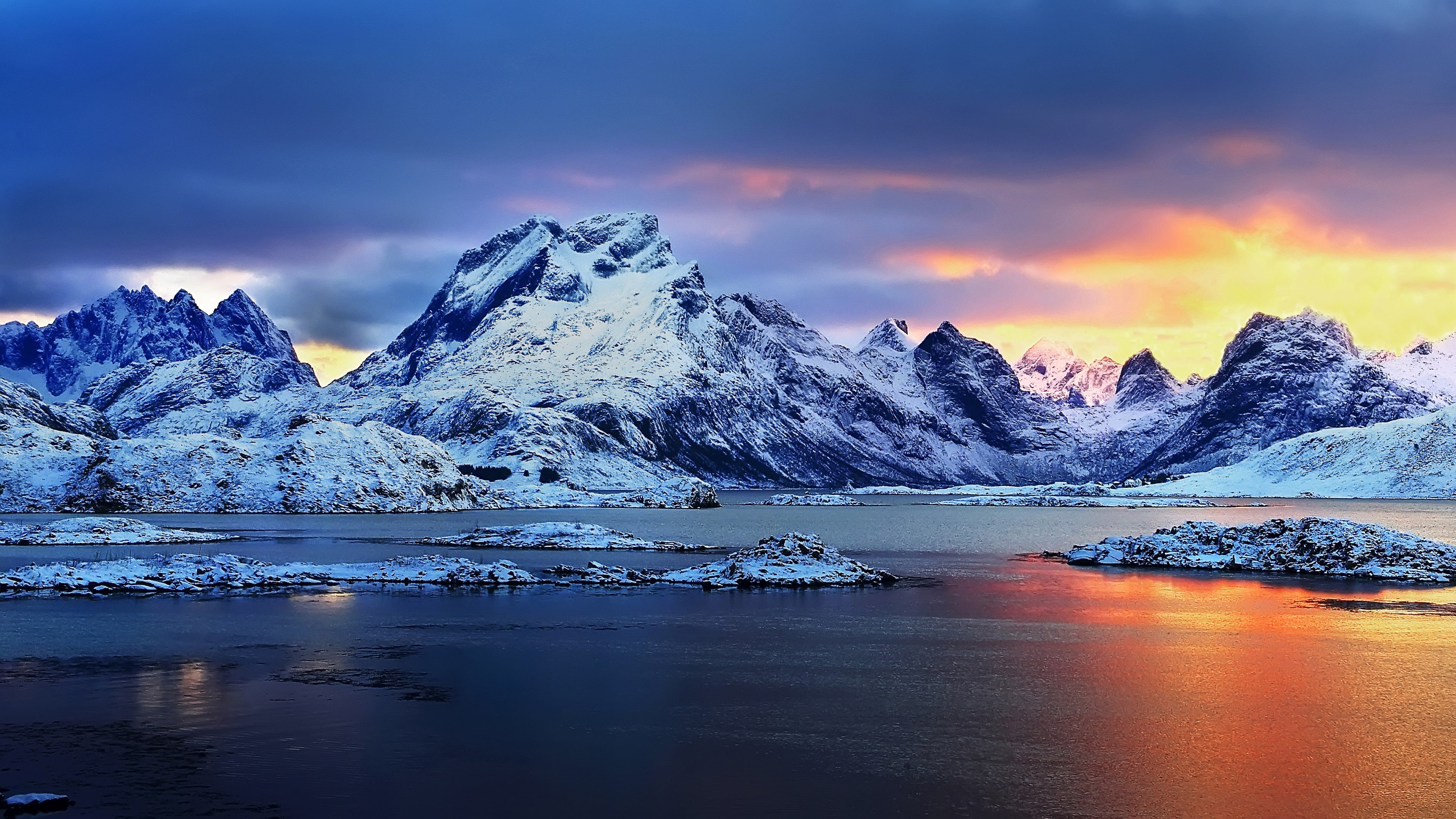 winter, beauty in nature, sunset, mountain, sea, norway, lagoon, sky, cold temperature, mountain range, ice, hd, snowy, landscape, cloud - sky, tranquility, HD Wallpaper