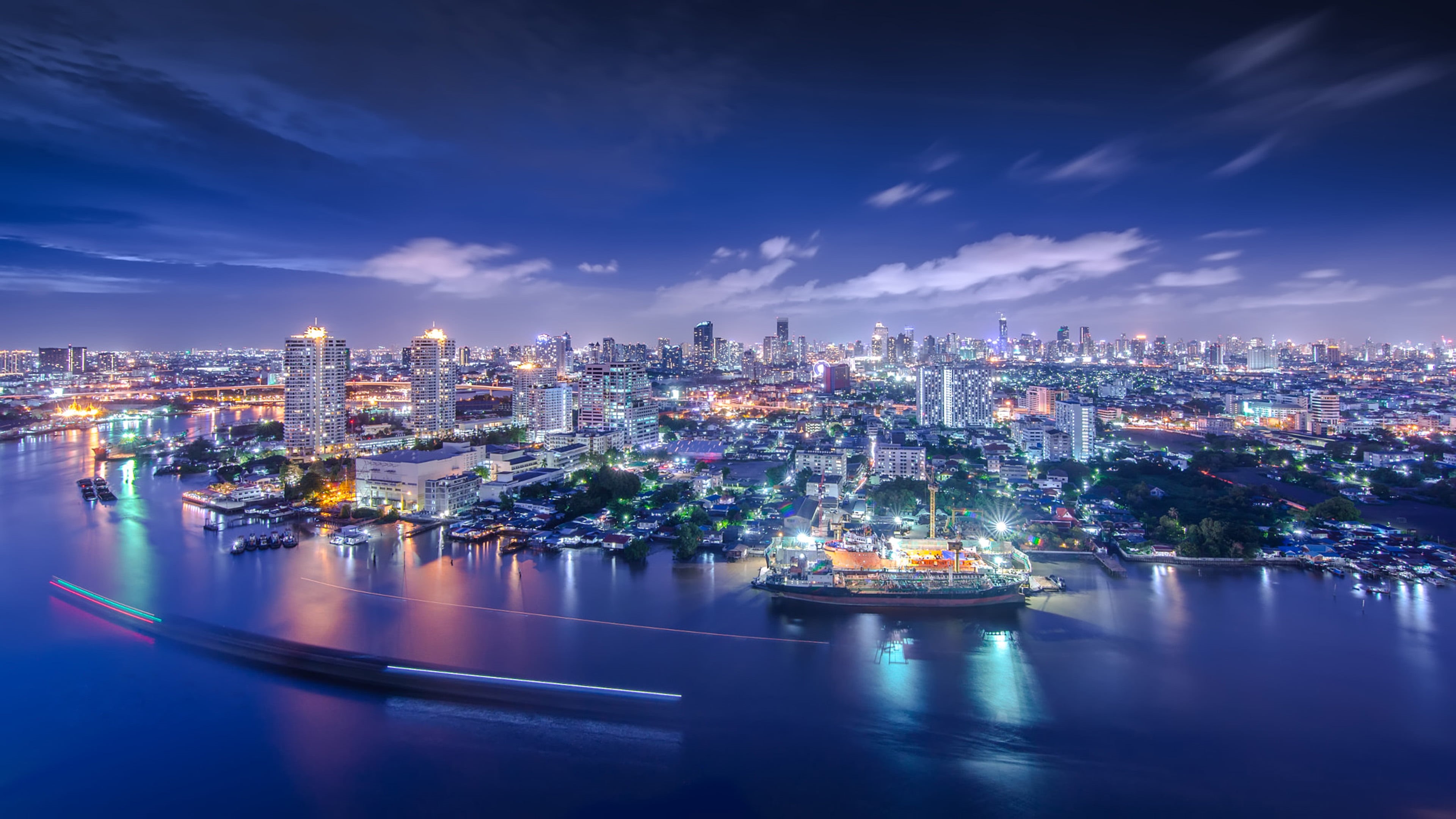 cityscape, sky, chao, mobile, city, phones, river, desktop, 4K, ultra, bangkok, laptop, water, travel destinations, modern, transportation, building, nautical vessel, HD Wallpaper