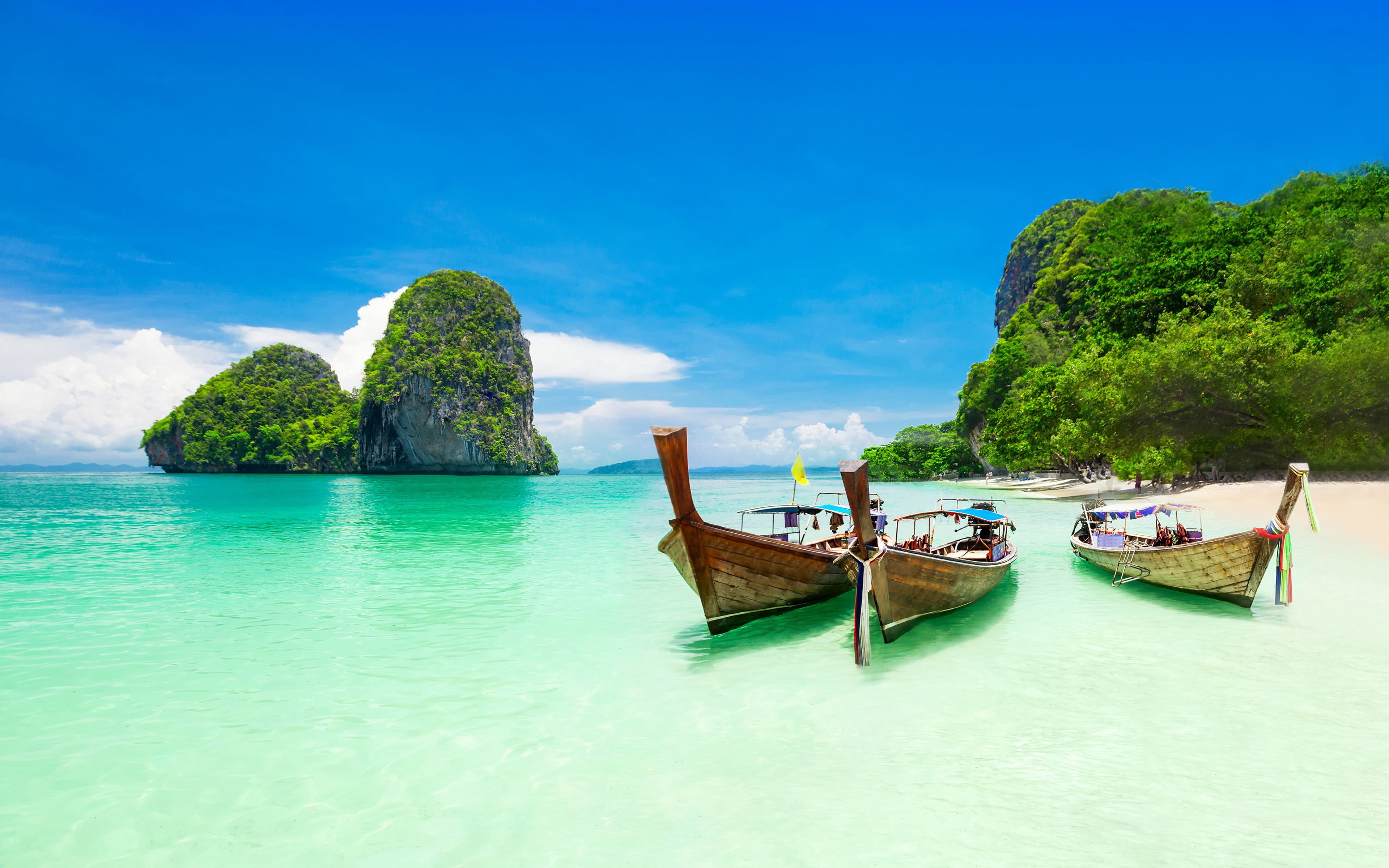 4K, hd, tranquility, landscape, scenics - nature, outdoors, no people, transportation, sky, nautical vessel, turquoise, longtail boat, bay, HD Wallpaper