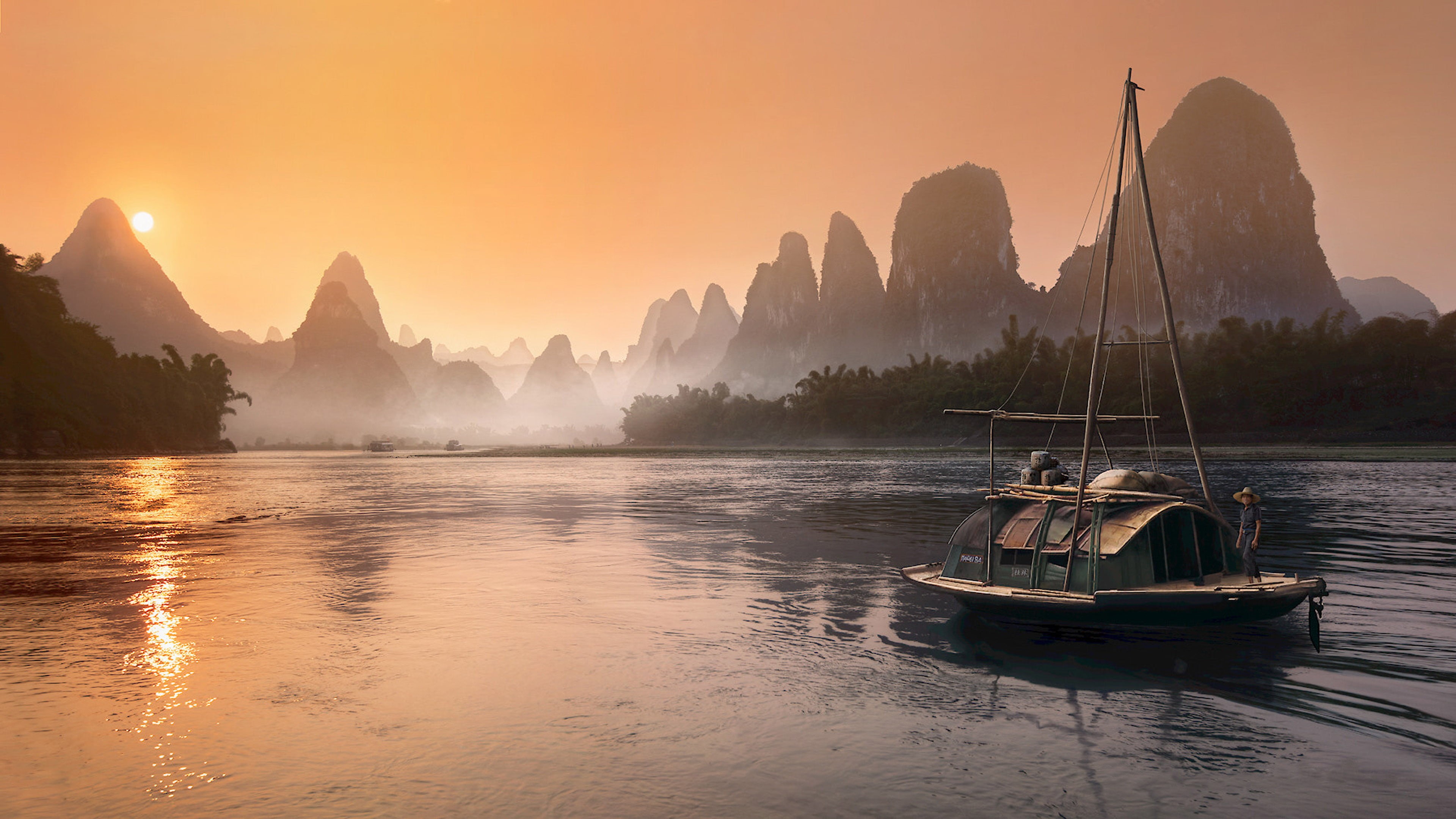 guilin, fishing boat, near, sunset, sky, scenics - nature, mobile, tree, no people, china, water, mode of transportation, 4K, nautical vessel, village, HD Wallpaper