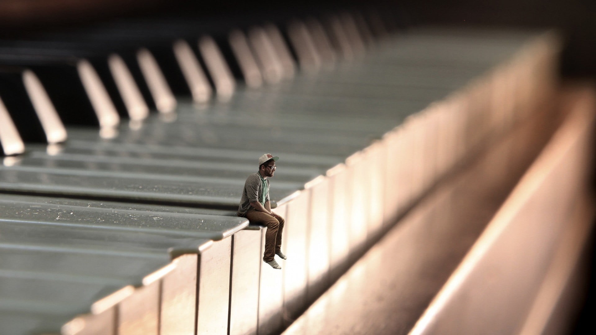 sitting, nature, musical instrument, railing, photo manipulation, piano, selective focus, outdoors, glasses, focus on foreground, day, in a row, no people, HD Wallpaper