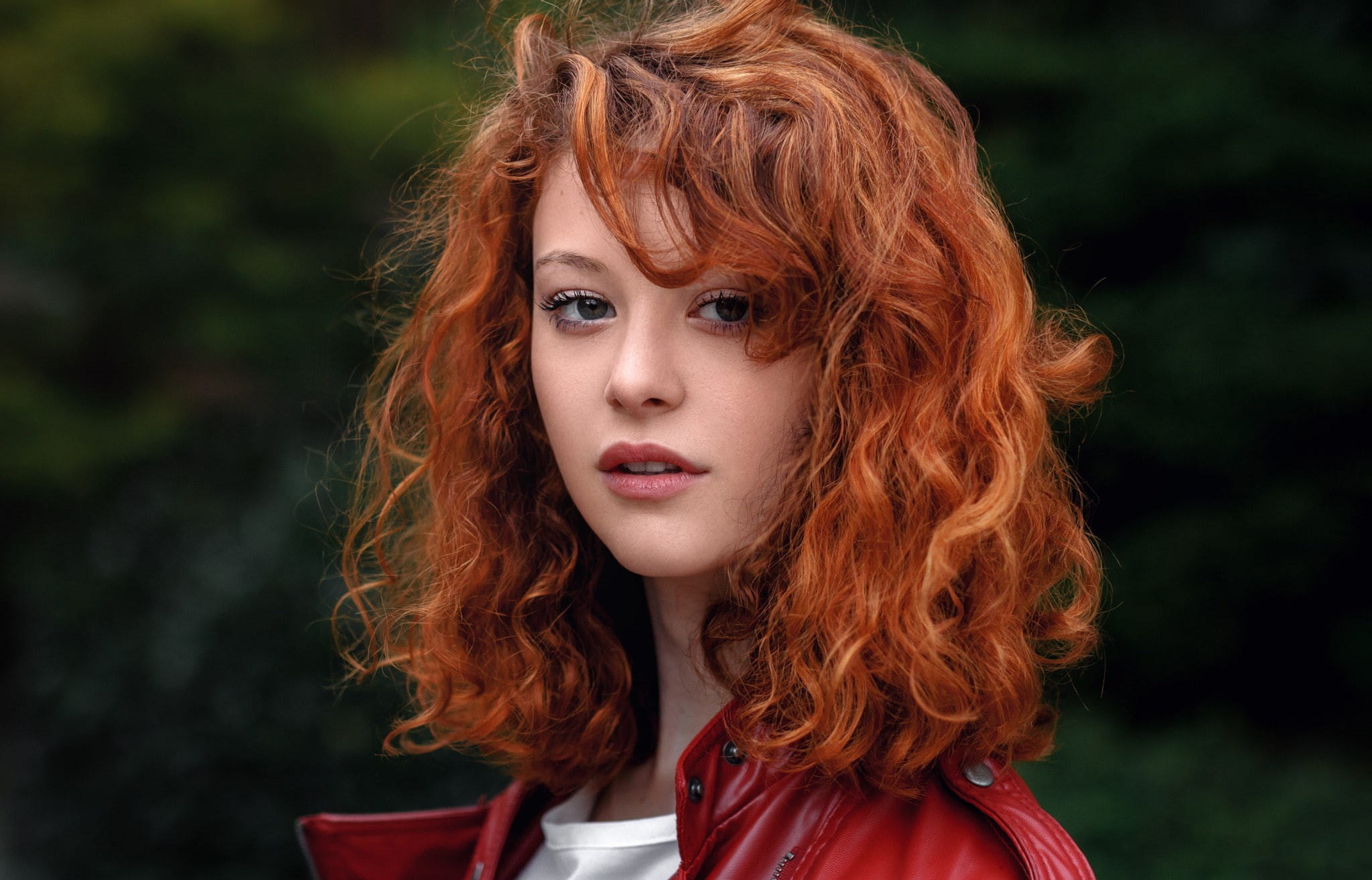 long hair, hair, redhead, beauty, outdoors, curly hair, one person, hairstyle, leather jackets, front view, portrait, face, young adult, adult, looking at viewer, HD Wallpaper