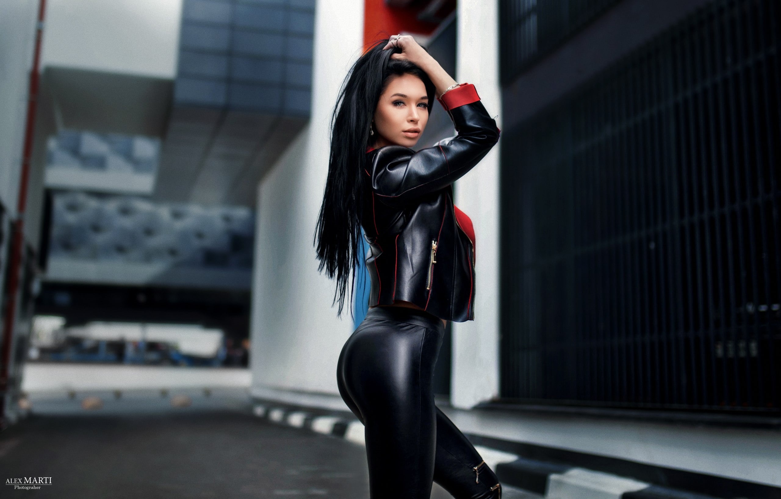 fashion, adult, leather jackets, black hair, Anastasia Rumiantseva, arms raised, hand, portrait, front view, black color, beauty, young women, indoors, HD Wallpaper