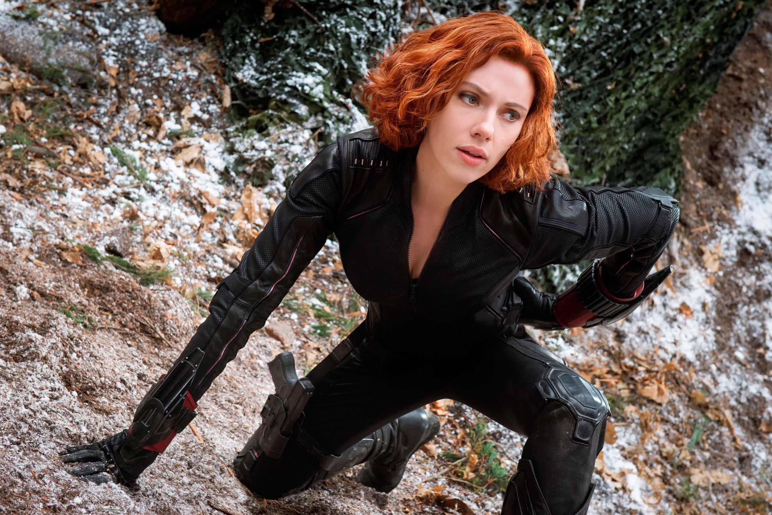 avengers, black, redhead, beauty, young women, adult, leather, dyed red hair, portrait, hairstyle, widow, The Avengers, Black Widow, black color, beautiful woman, HD Wallpaper