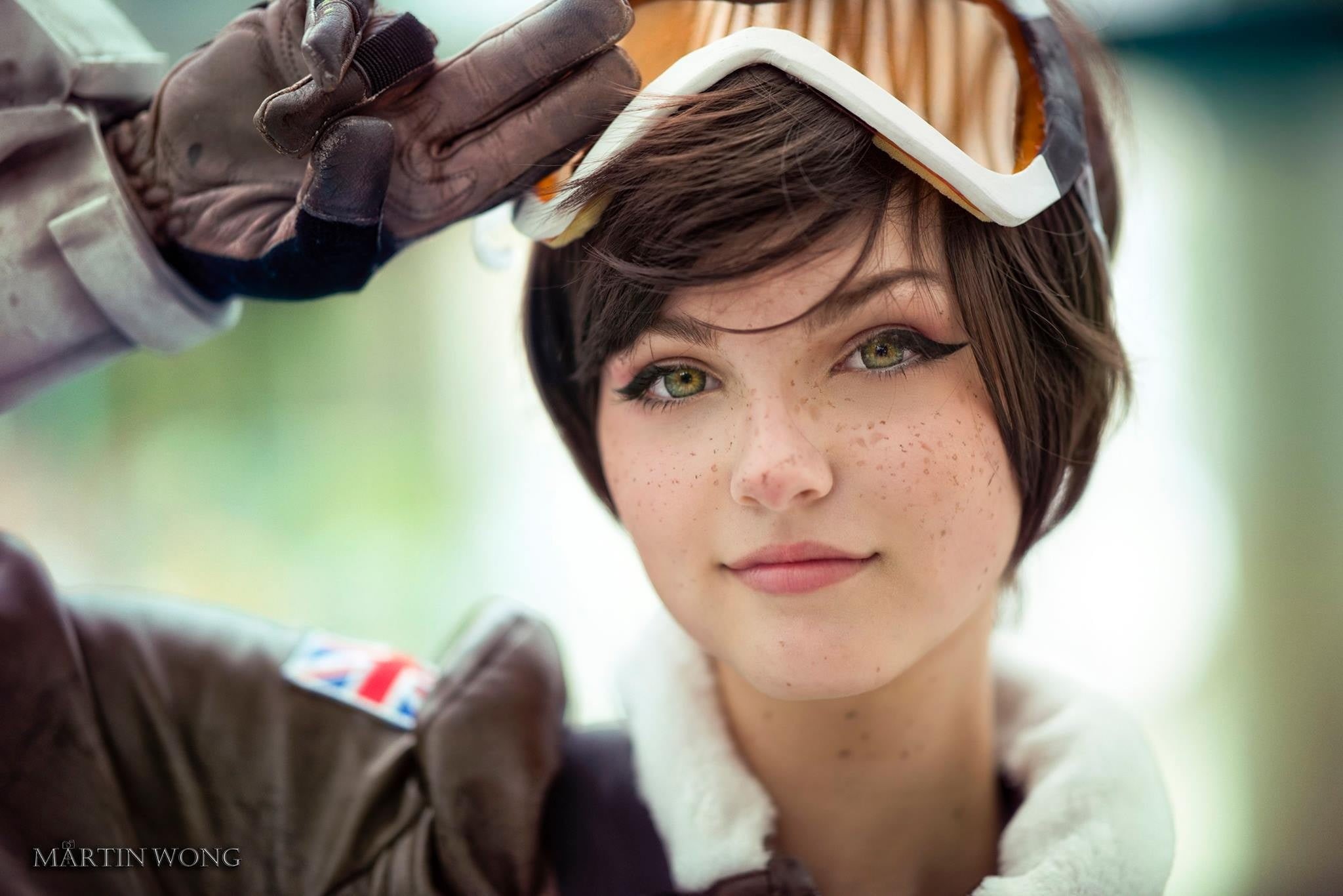 focus on foreground, face, woman, goggles, gloves, cosplay, relaxation, green eyes, leather jackets, portrait, Photoshop, casual Clothing, leisure Activity, HD Wallpaper