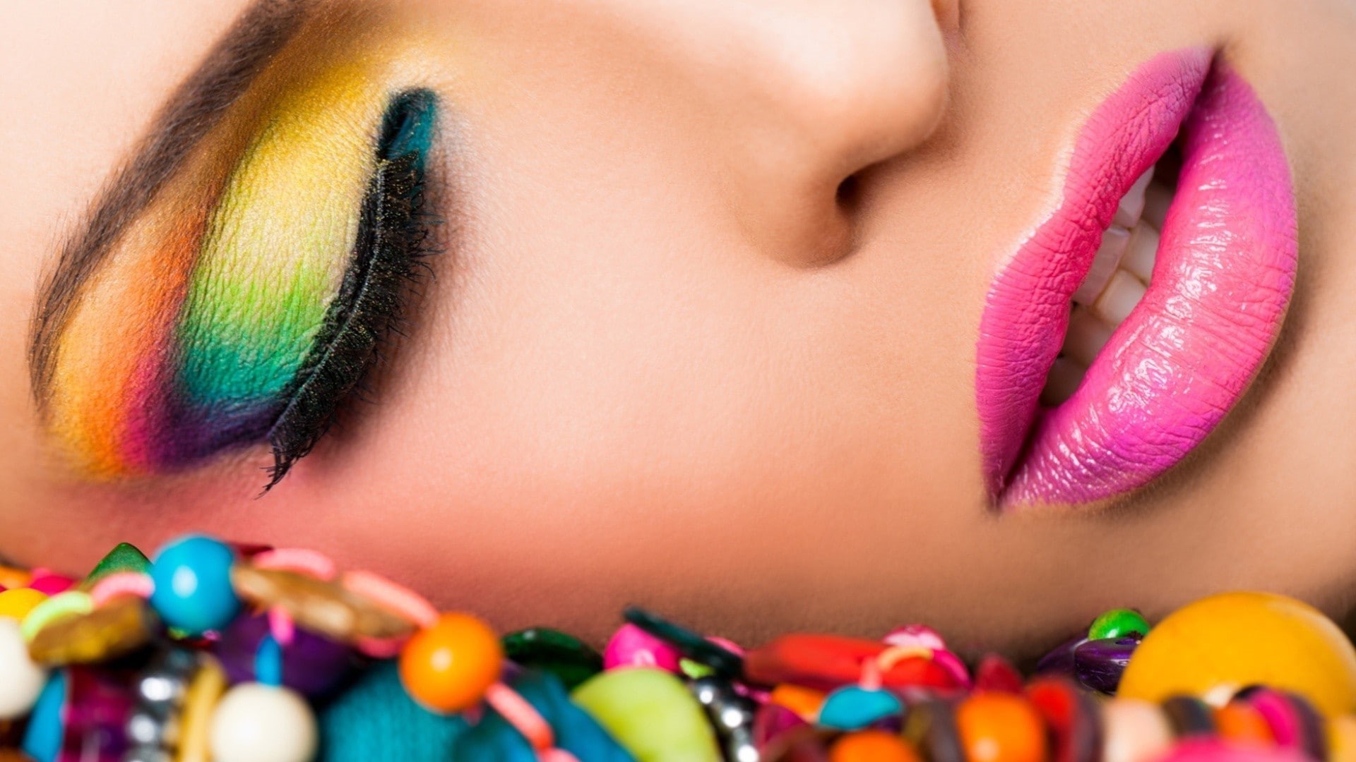 women, bright, face, model, closed eyes, lipstick, open mouth, closeup, colorful, lips, makeup, 1080P, HD Wallpaper