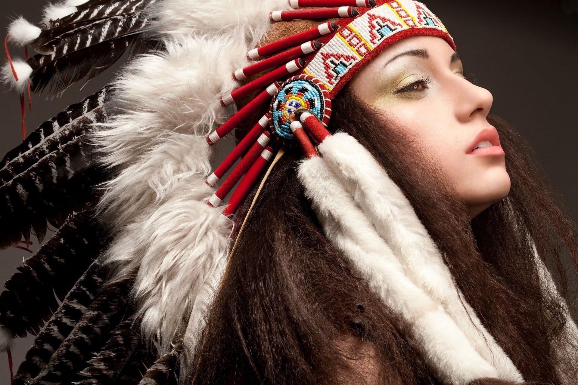 hat, 1080P, long hair, scarf, headshot, fur hat, white, close-up, adult, fur, brunette, hairstyle, warm clothing, looking away, hair, open mouth, face, HD Wallpaper