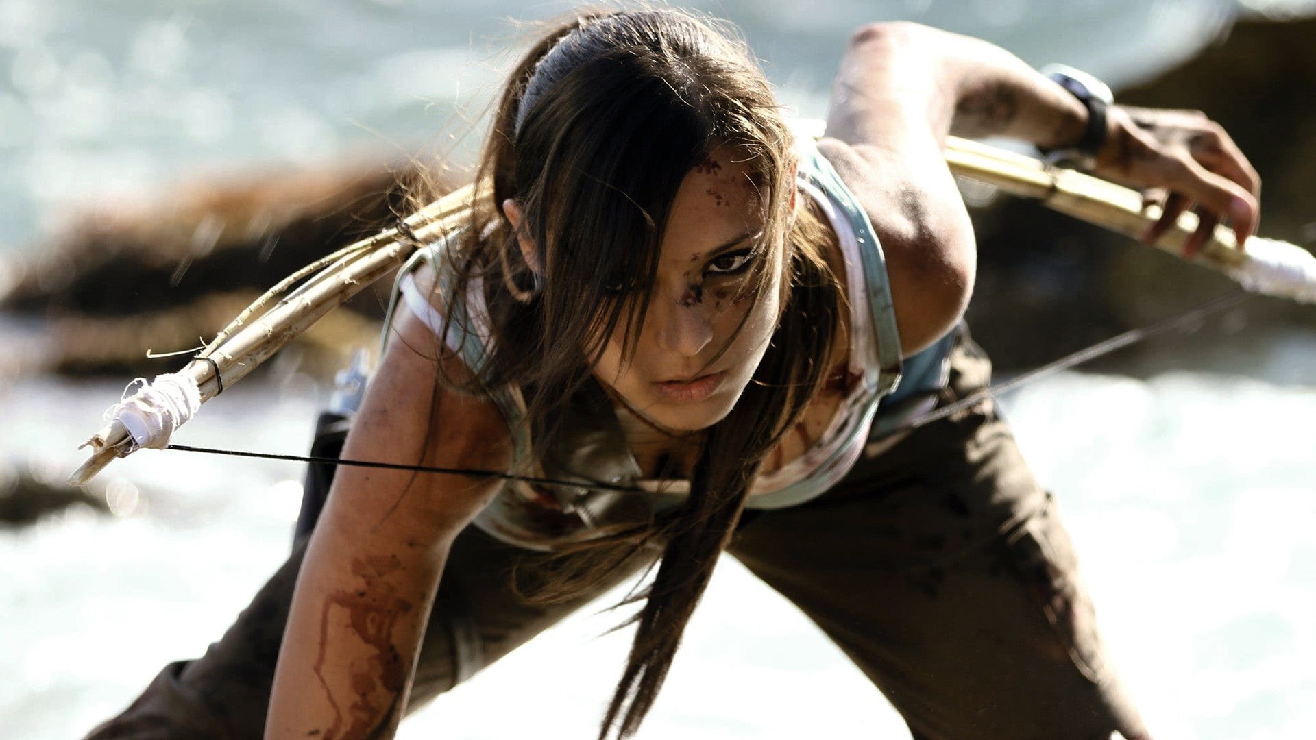 young adult, tank, s, Tomb Raider, long hair, Lara Croft, grey, females, adult, lifestyles, sport, hairstyle, weapon, cosplay, hair, top, brown hair, women, HD Wallpaper