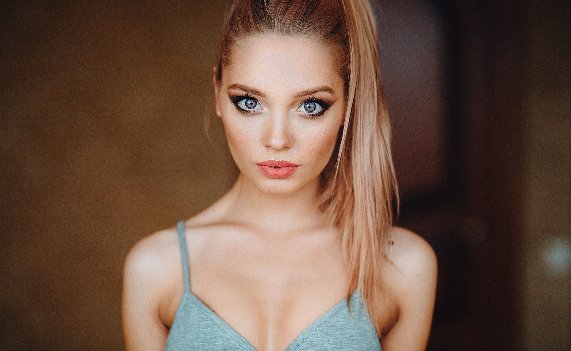 model, long hair, Katya Kotaro, face, 1080P, portrait, Photoshoped, makeup, women, grey tops, red lipstick, HD Wallpaper