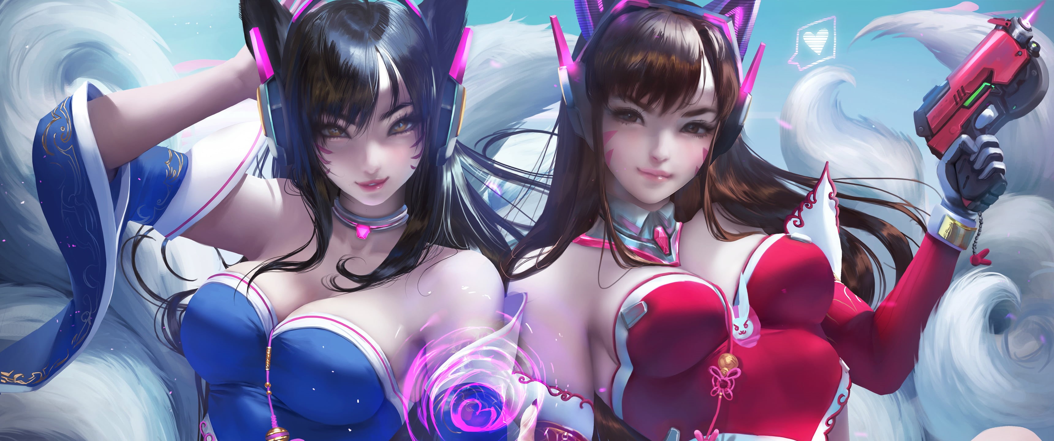 pink color, people, two people, 2K, 88 Girl, front view, Girls Avenue, portrait, child, teenager, League of Legends, togetherness, D.Va (Overwatch), Ahri (League of Legends), HD Wallpaper
