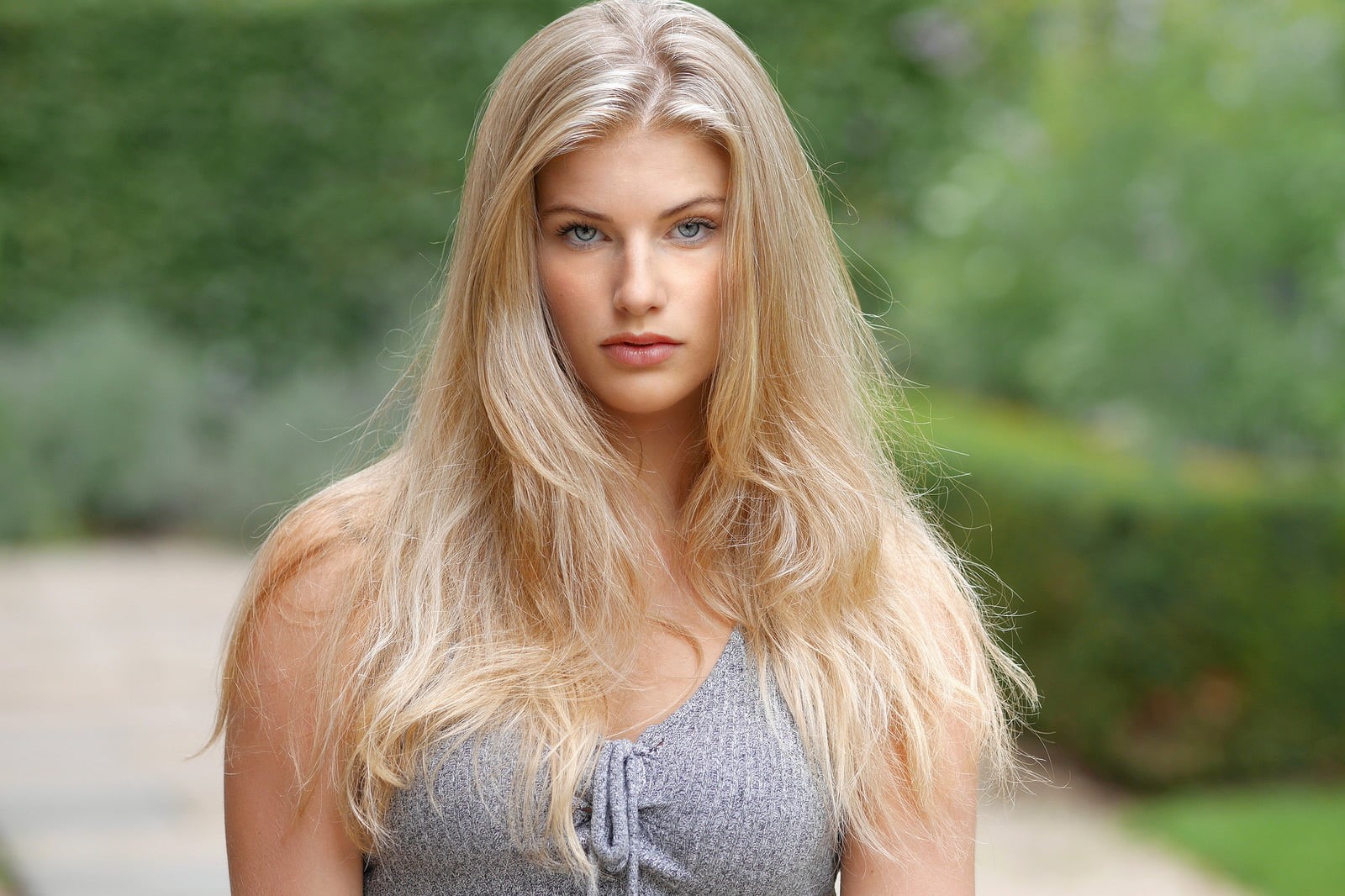 outdoors, depth of field, long hair, young women, standing, gray eyes, blond hair, young adult, women, day, portrait, blonde, model, fashion, looking at viewer, HD Wallpaper