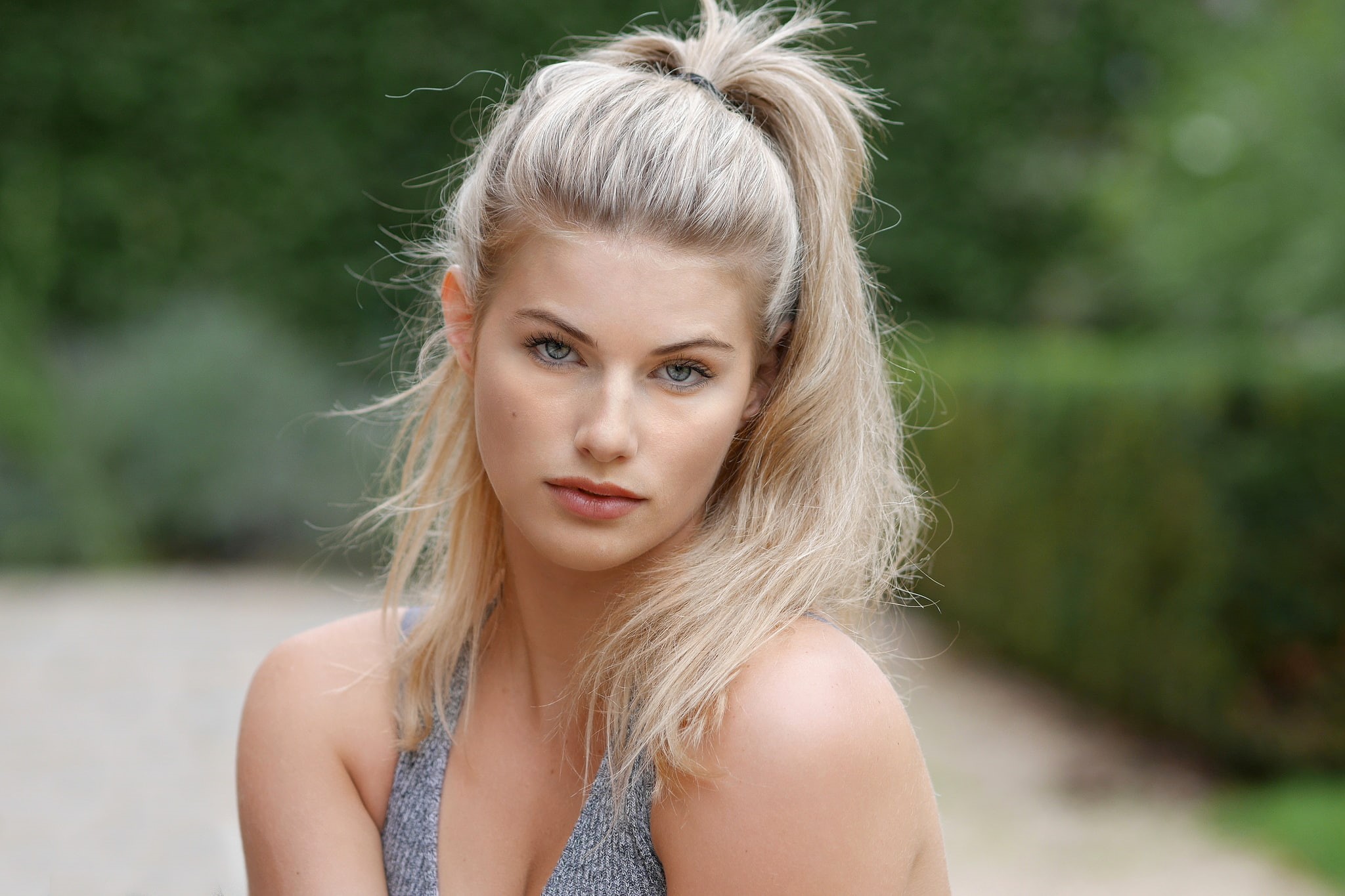 hairstyle, young adult, headshot, model, blond hair, outdoors, blonde, front view, looking at viewer, portrait, beauty, long hair, gray eyes, beautiful woman, HD Wallpaper