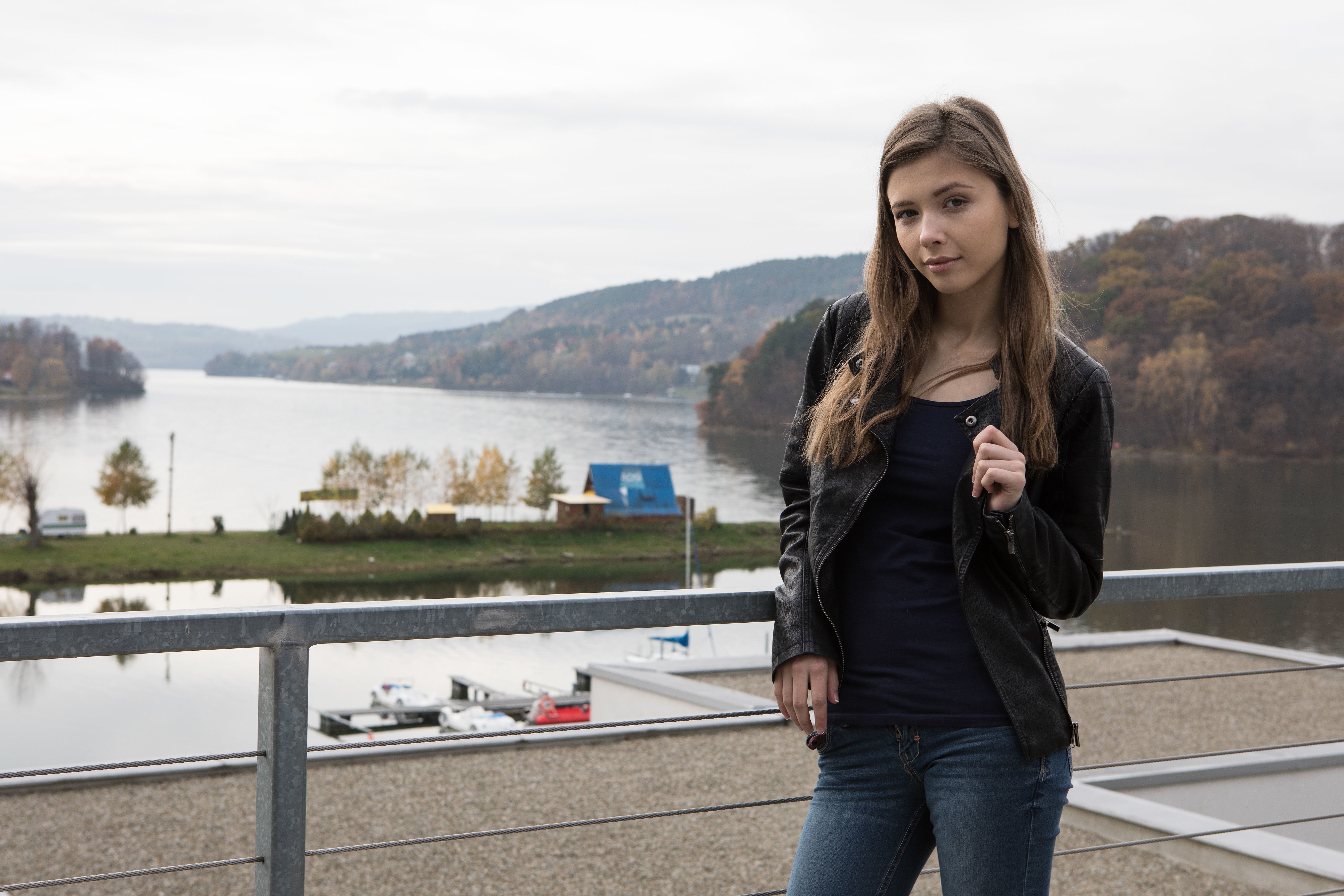 black jackets, long hair, straight hair, Mila Azul, women outdoors, s, leather jackets, black, 5K, women, model, jacket, water, black tops, zip, looking, HD Wallpaper