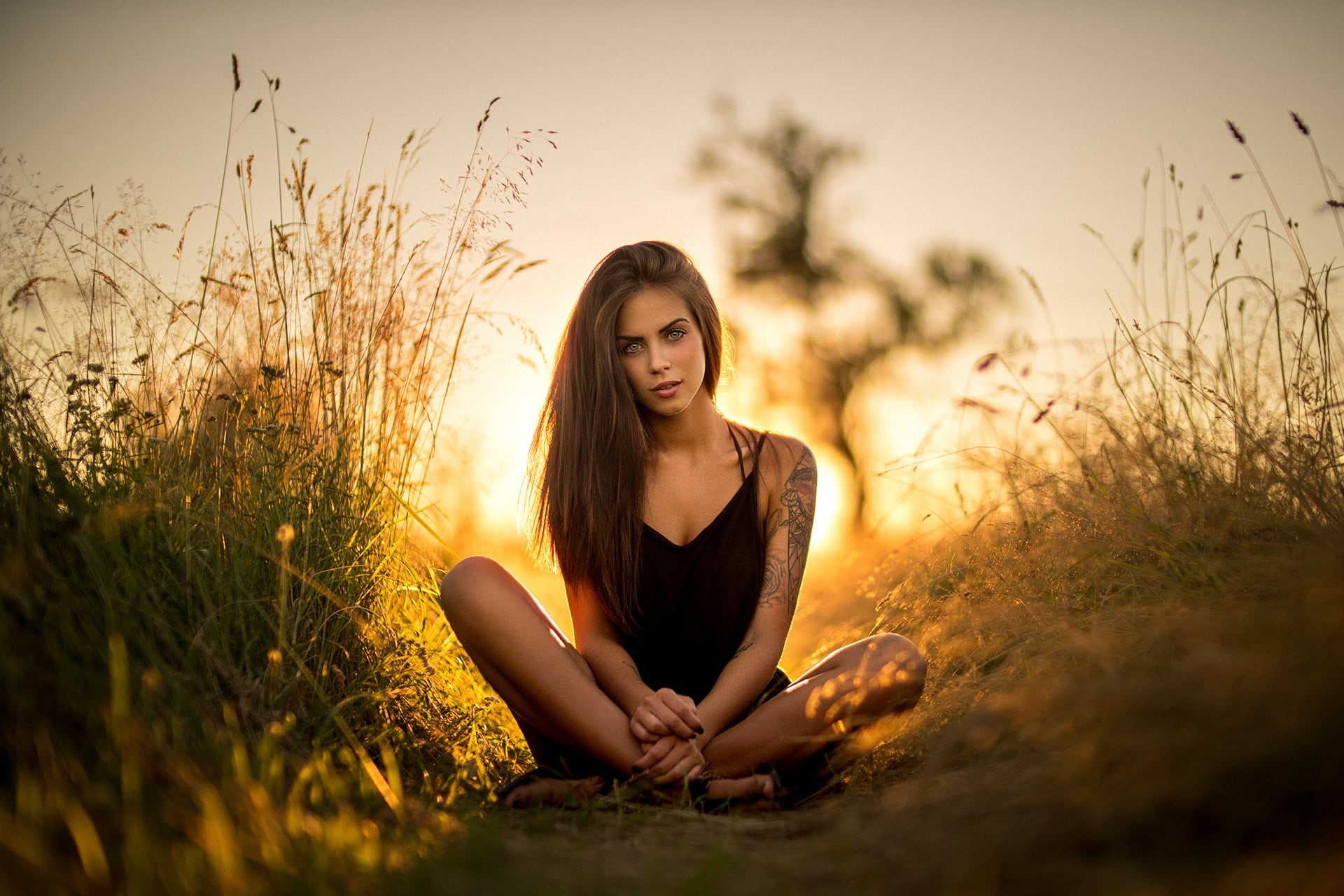 looking at viewer, tank, hair, grass, long hair, beautiful woman, adult, sitting, tattoo, sunset, plants, 1080P, s, casual clothing, teenager, sunlight, HD Wallpaper