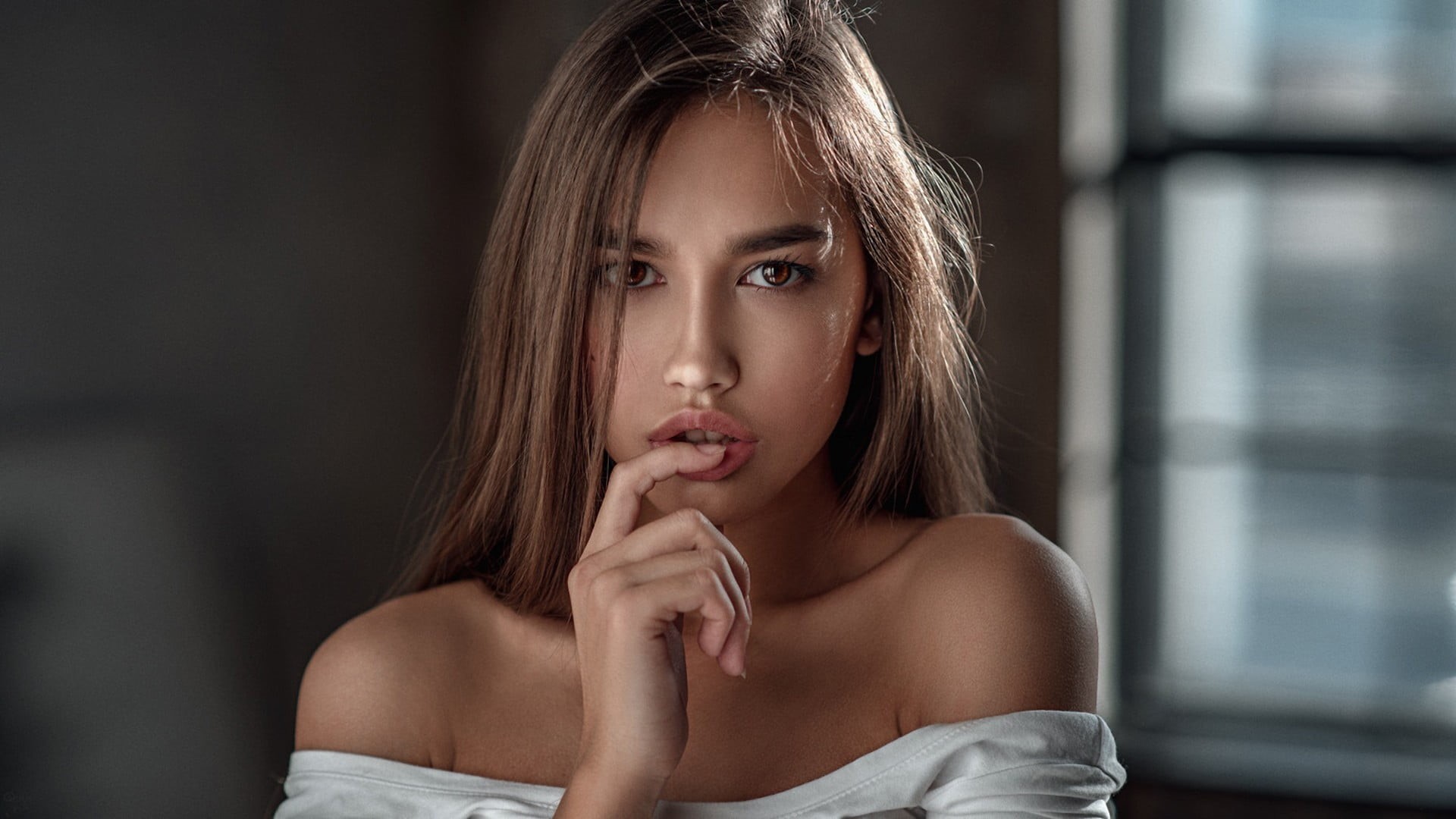 white, portrait, long hair, finger on lips, young adult, teenager, looking at camera, young women, face, contemplation, hair, human face, beautiful woman, HD Wallpaper