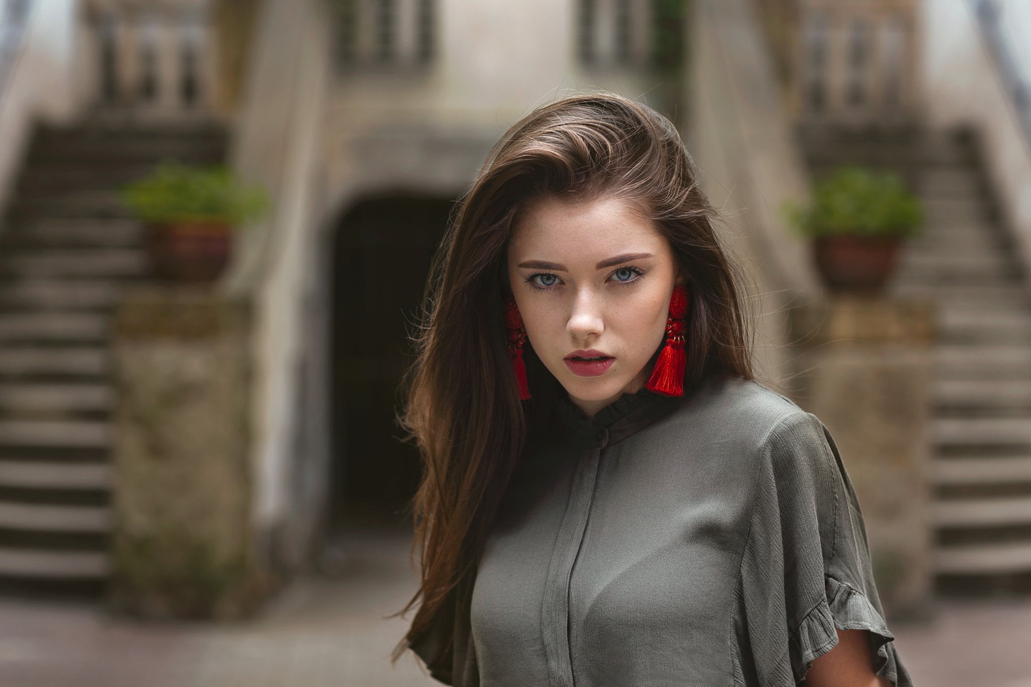 red, fashion, stairs, focus on foreground, building exterior, earrings, looking at viewer, women, young women, portrait, looking at camera, blue eyes, standing, HD Wallpaper