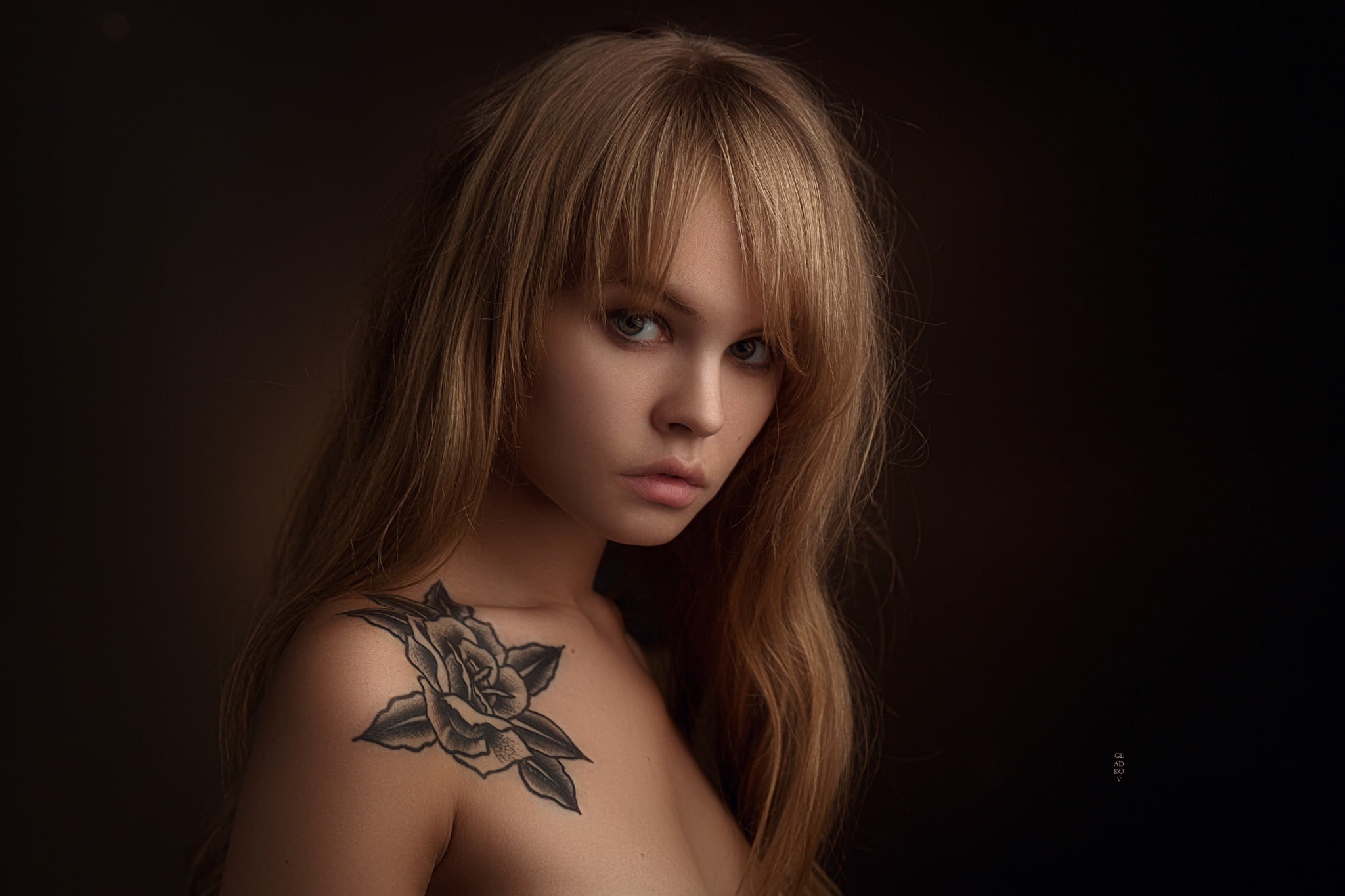 studio shot, hair, human face, hairstyle, rose, face, women, bangs, beautiful people, tattoo, dark, model, young adult, portrait, human hair, body part, HD Wallpaper