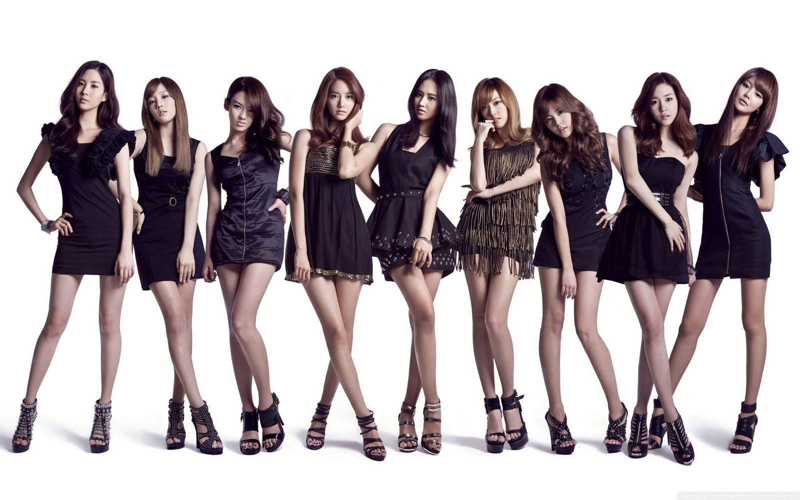 group of women, high heels, straight hair, young women, sleeveless, brunette, portrait, looking at viewer, young adult, s, 720P, studio shot, front view, HD Wallpaper