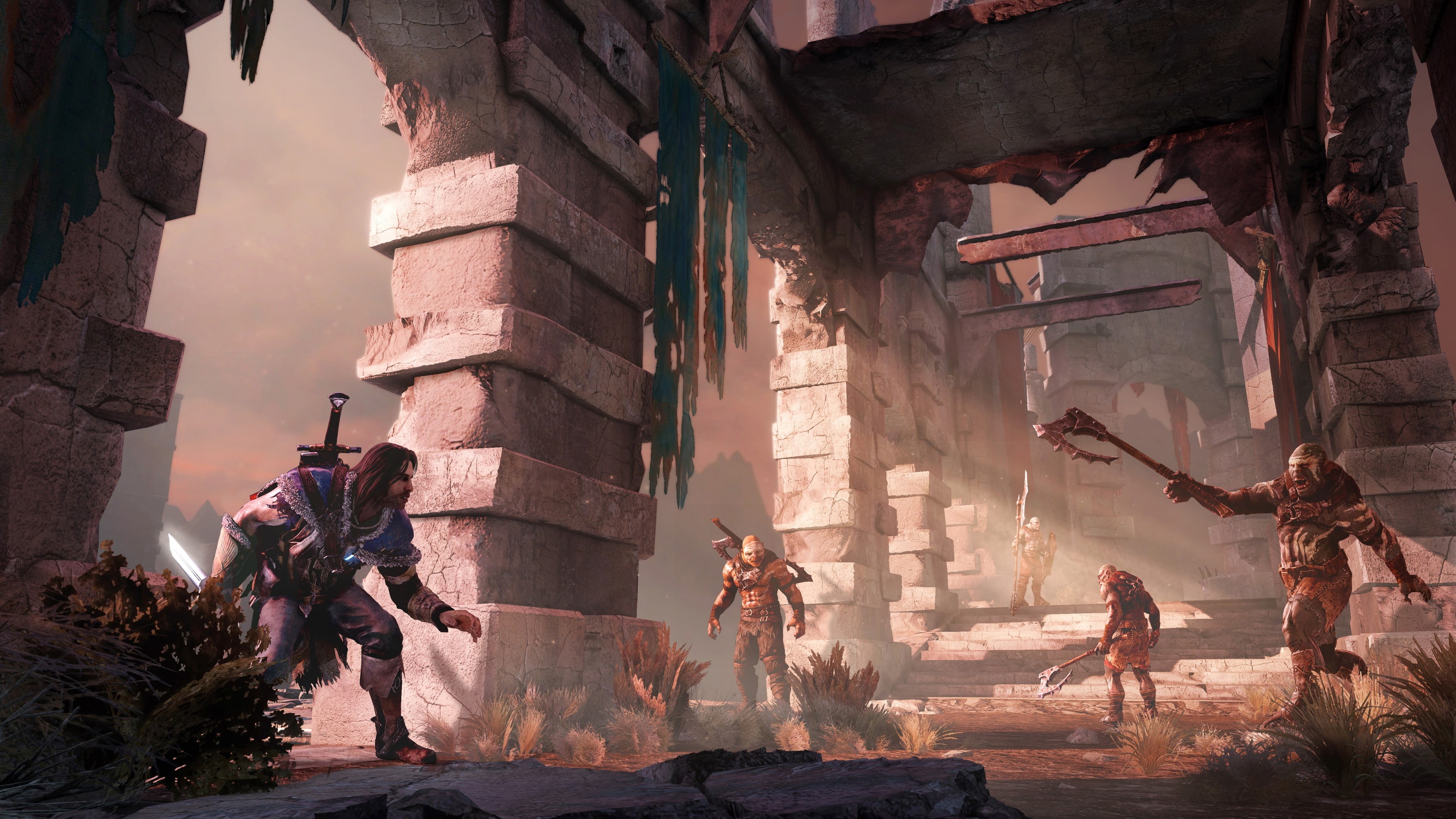 fighting, men, building exterior, built structure, uniform, weapon, digital, four, architecture, military, pillars, people, weapons, orcs, building, Middle-earth: Shadow of Mordor, HD Wallpaper