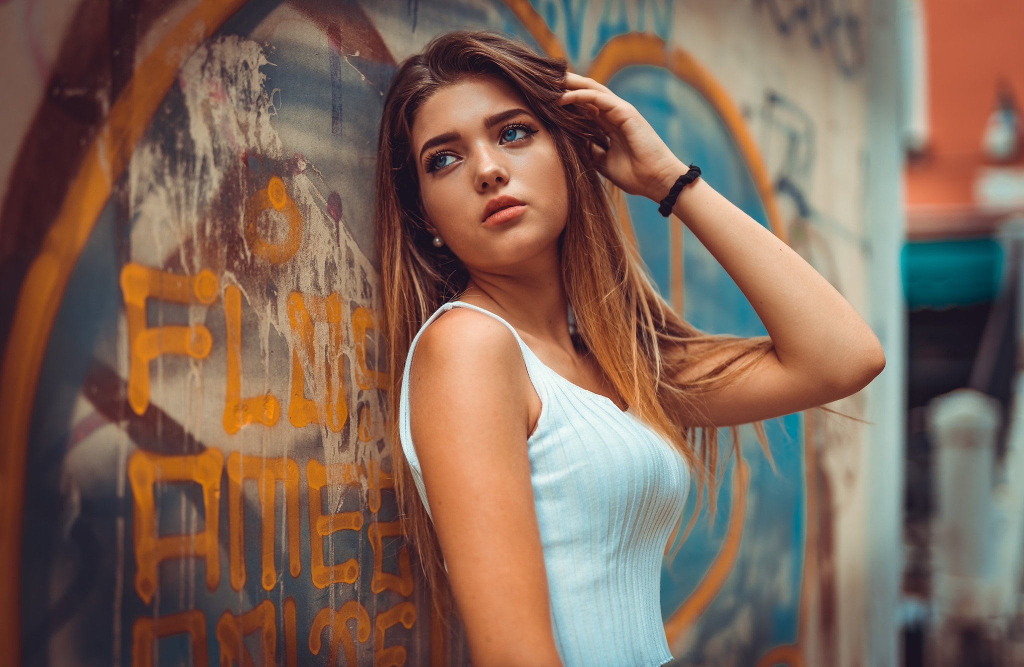 focus on foreground, beauty, women, waist up, tank, top, blue eyes, long hair, 1080P, light, young adult, beautiful woman, portrait, Marco Squassina, blue, HD Wallpaper