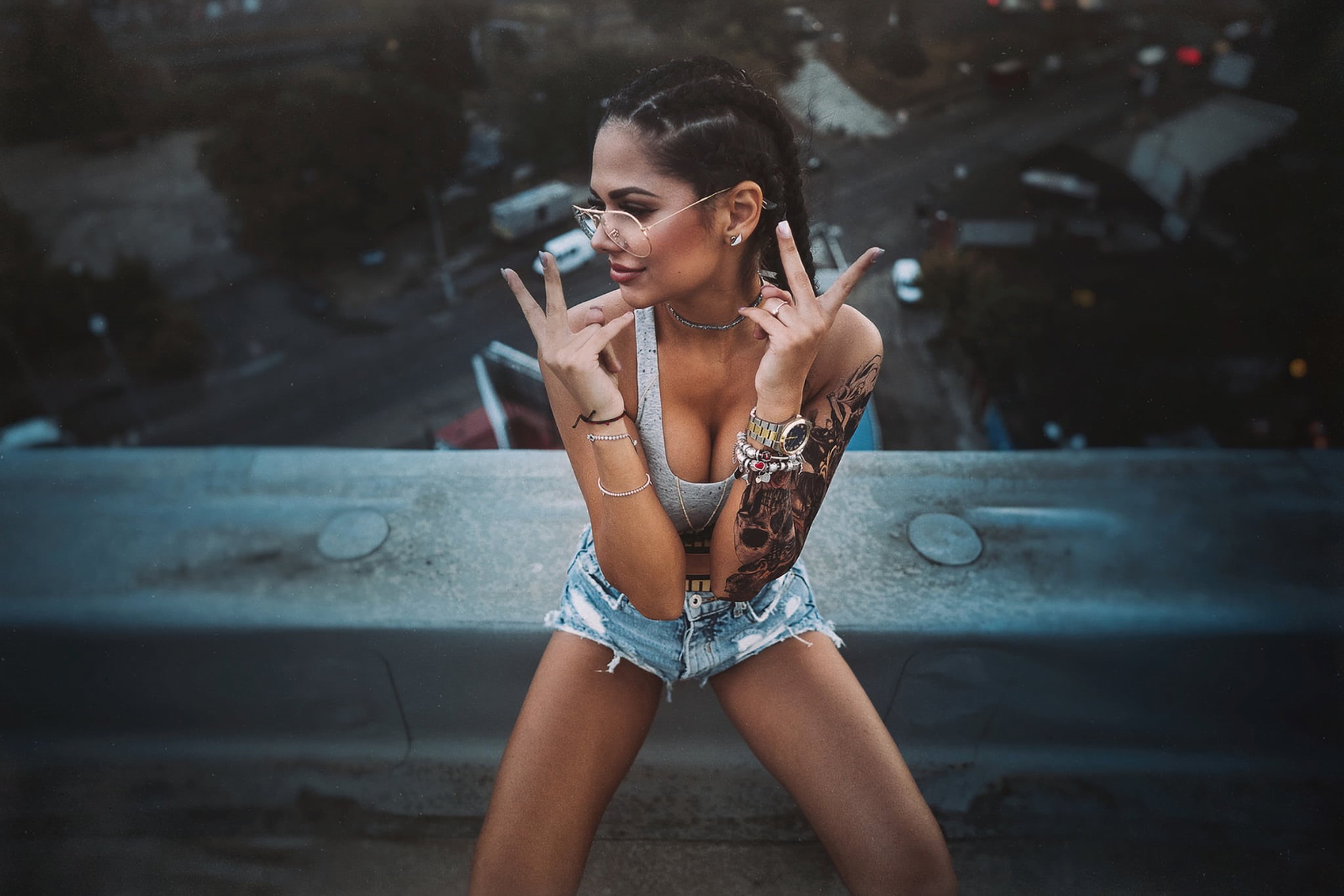 women with glasses, petite, lifestyles, young adult, s, city, hairstyle, portrait, three quarter length, casual clothing, 1080P, architecture, women, adult, HD Wallpaper