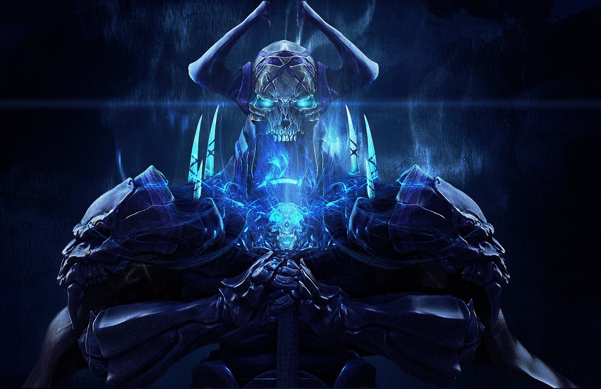 Fate/Grand Order, body part, digital composite, beauty, indoors, front view, 1080P, illustration, Assassin (Fate/Grand Order), bone, blue, human skeleton, HD Wallpaper