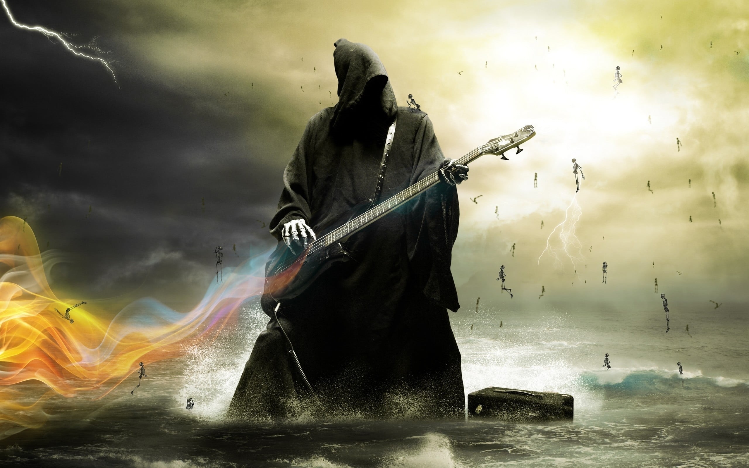 lifestyles, sea, power in nature, water, fisherman, nature, guitar, storm, smoke - Physical Structure, digital, holding, waterfront, outdoors, grim, dark, HD Wallpaper