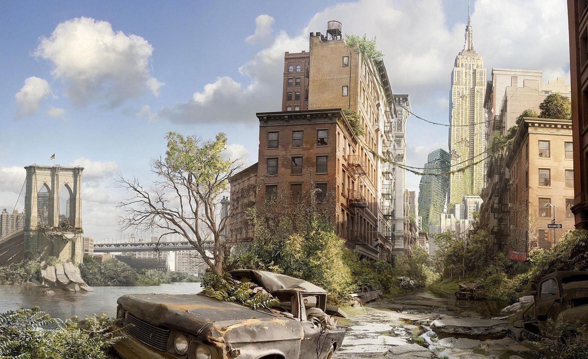 plant, bridge, york, place of worship, architecture, state, built structure, religion, city, apocalyptic, 1080P, water, sky, New York City, cityscape, HD Wallpaper