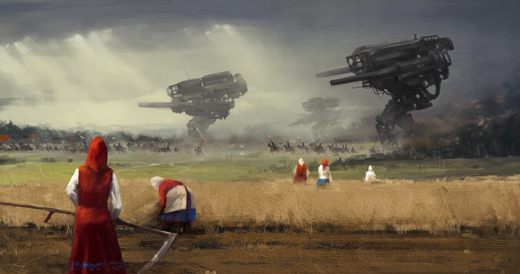 sky, nature, land, weapon, science fiction, tornadoes, adult, men, 720P, painting, machinery, dystopian, field, water, group, real people, group of people, HD Wallpaper