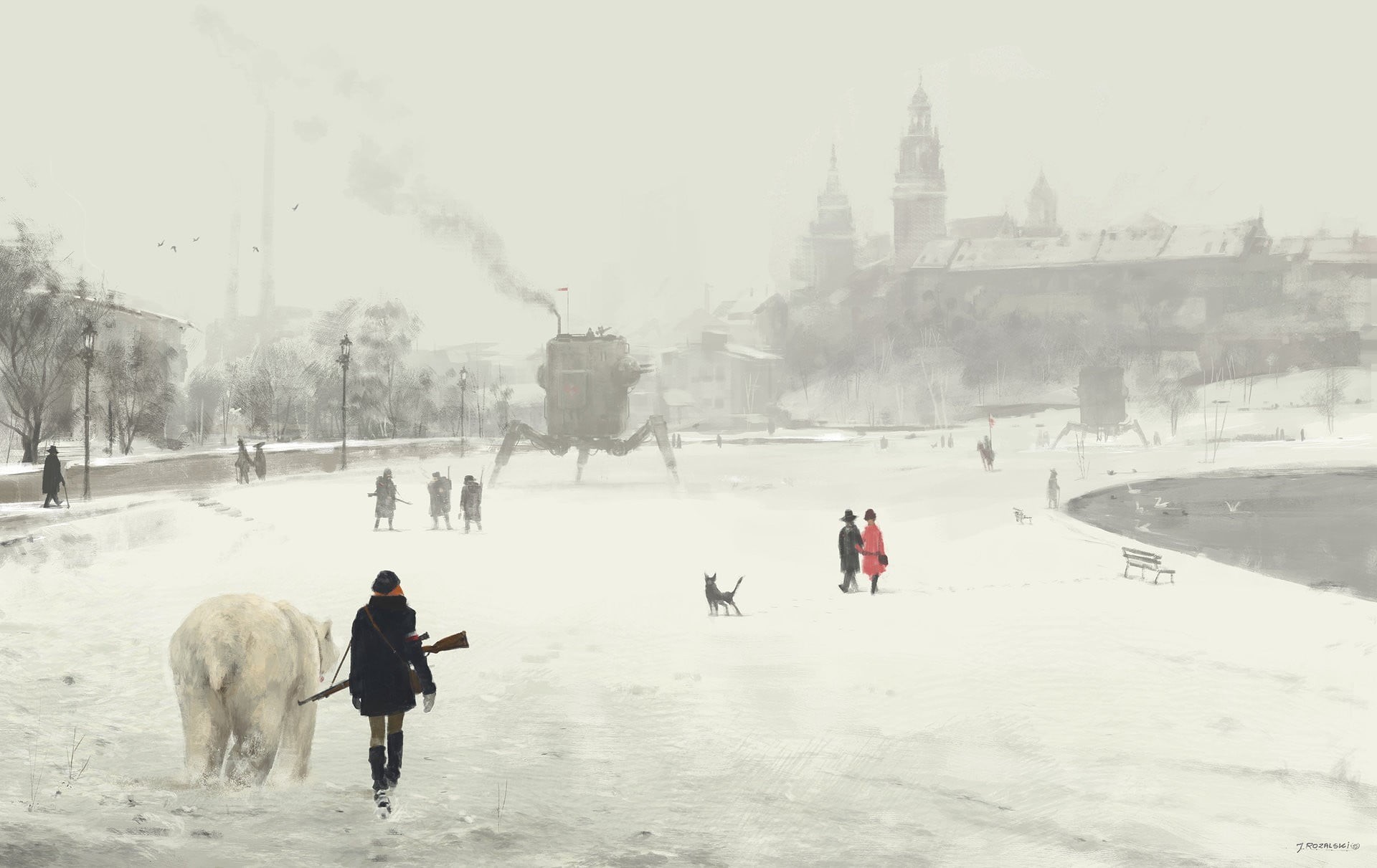 painting, cold, snow, Jakub Różalski, dystopian, beside, polar bears, 1080P, winter, walking, bear, white, rifle, steampunk, person, digital, HD Wallpaper