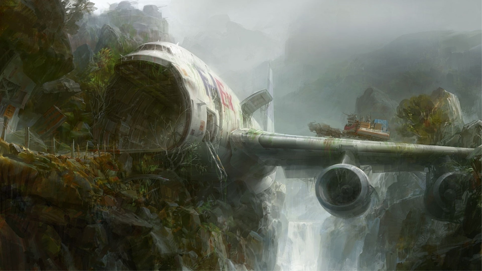 fantasy art, dystopian, aircraft, artwork, 1080P, airplane, wreck, Fedex, crash, HD Wallpaper