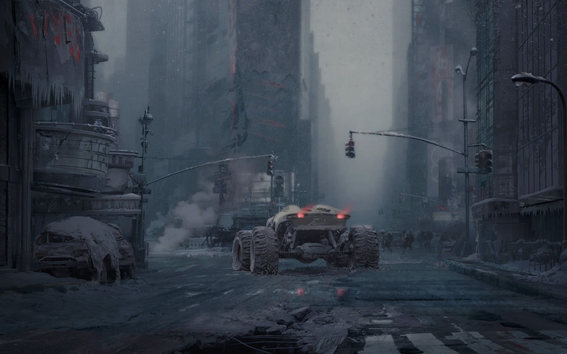 car, application, outdoors, land vehicle, built structure, wreck, digital, road, science fiction, smog, people, city, transportation, street, HD Wallpaper