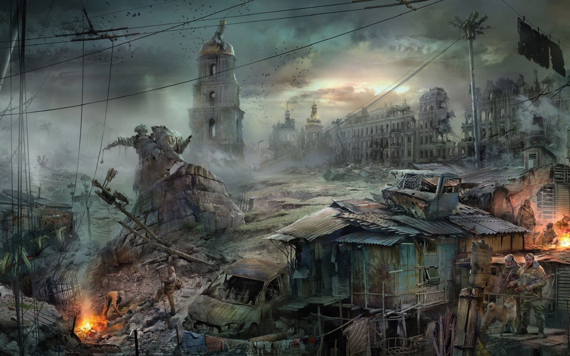 fire, sky, apocalyptic, Kiev, wrecked, illustration, Ukraine, statue, damaged, nature, fire - natural phenomenon, 1080P, city, sign, accidents and disasters, HD Wallpaper