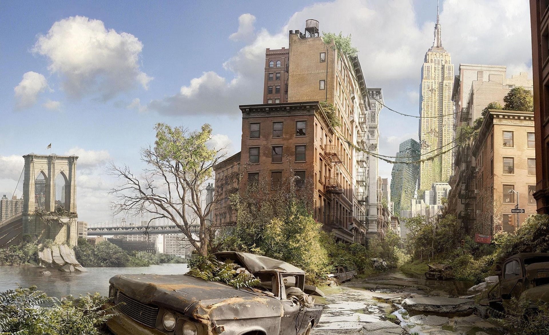 New York City, 1080P, dystopian, bridge, abandoned, cityscape, apocalyptic, building, ruin, HD Wallpaper