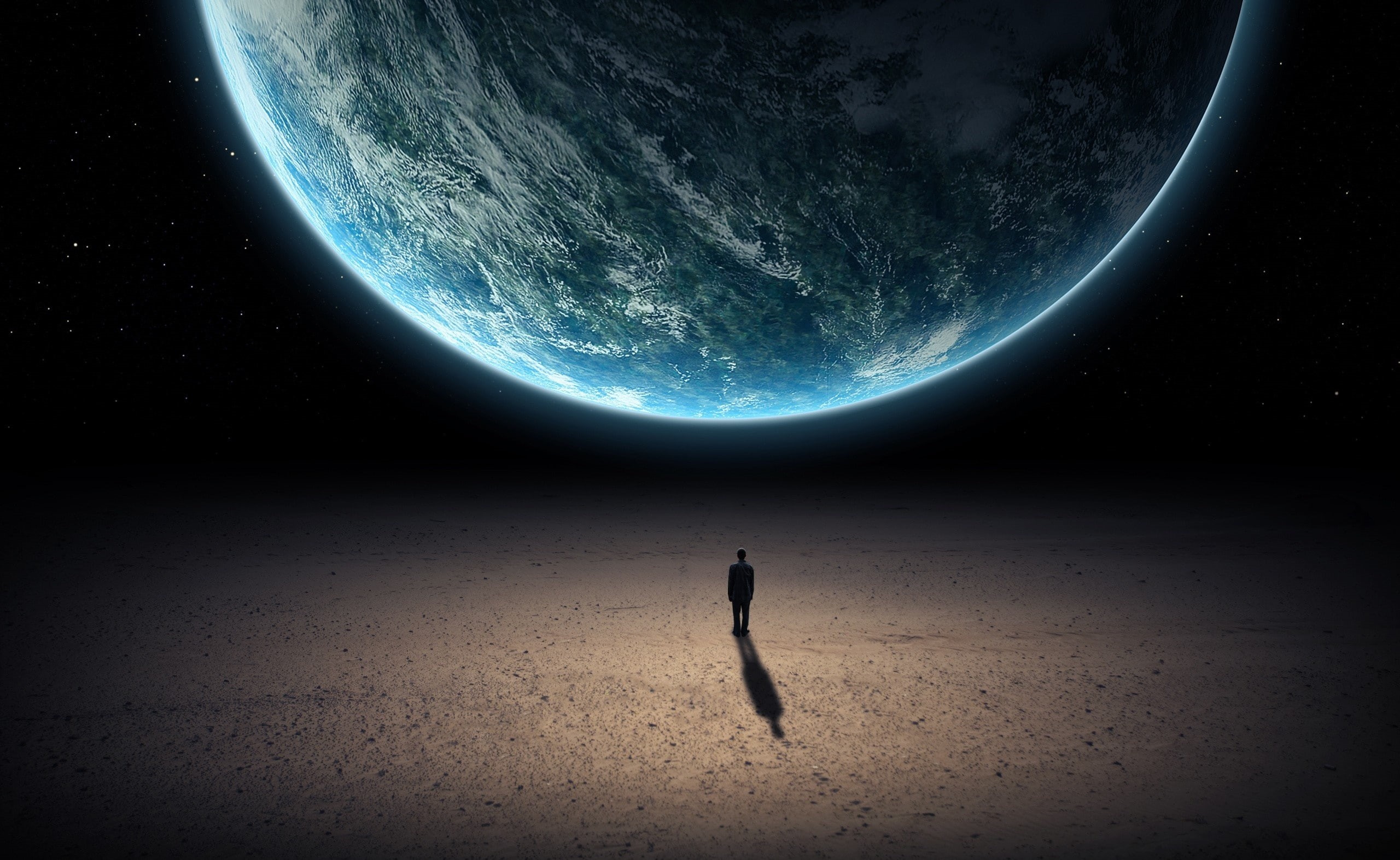galaxy, standing, Universe, black color, night, water, Space, beauty in nature, one person, sky, front, planet - space, scenics - nature, 2K, dark, earth, HD Wallpaper