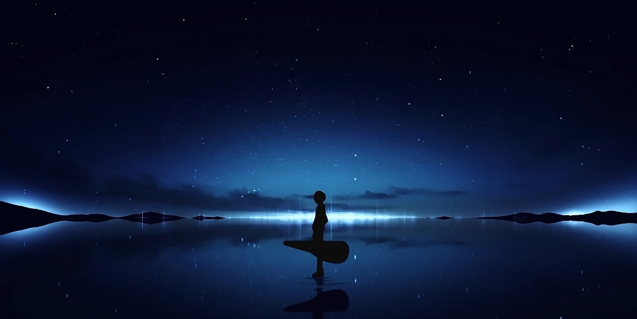 tranquil scene, looking at view, one person, 1080P, tranquility, lake, reflection, beauty in nature, standing, space, star field, star, nature, original, HD Wallpaper
