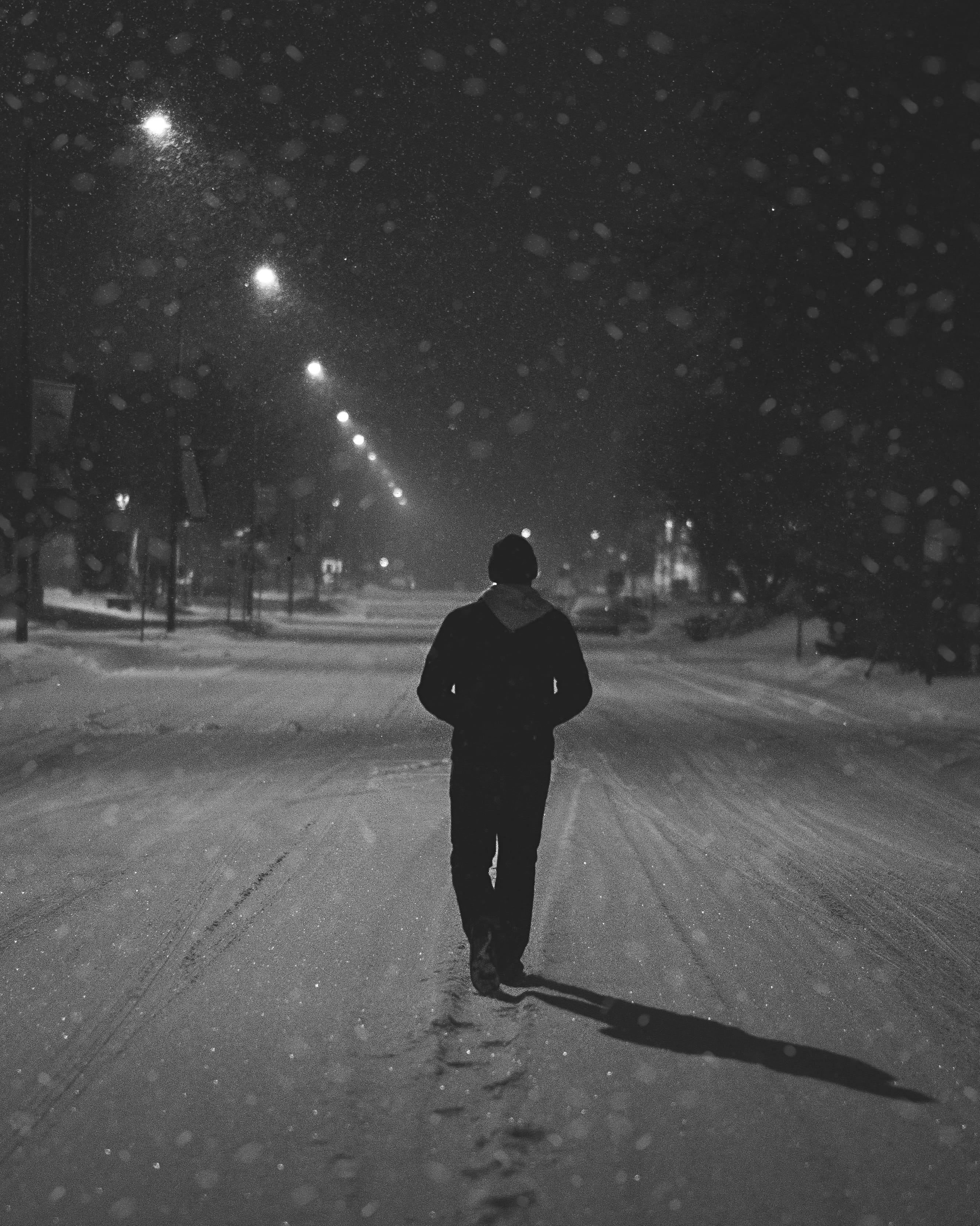 lifestyles, real people, shadow, nature, full length, bandw, outdoors, rear view, 2K, snow, late, winter, cold temperature, leisure activity, alone, illuminated, Phone HD Wallpaper