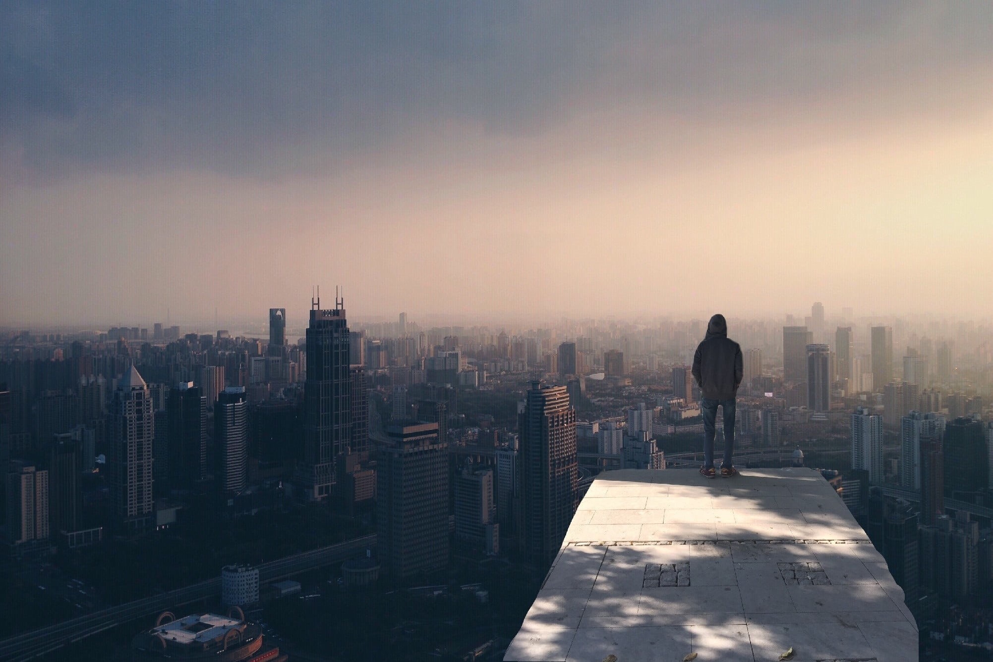 cityscape, architecture, stand, building, one person, rock, sky, nature, daytime, sunset, 1080P, travel destinations, fog, style, person, built structure, HD Wallpaper