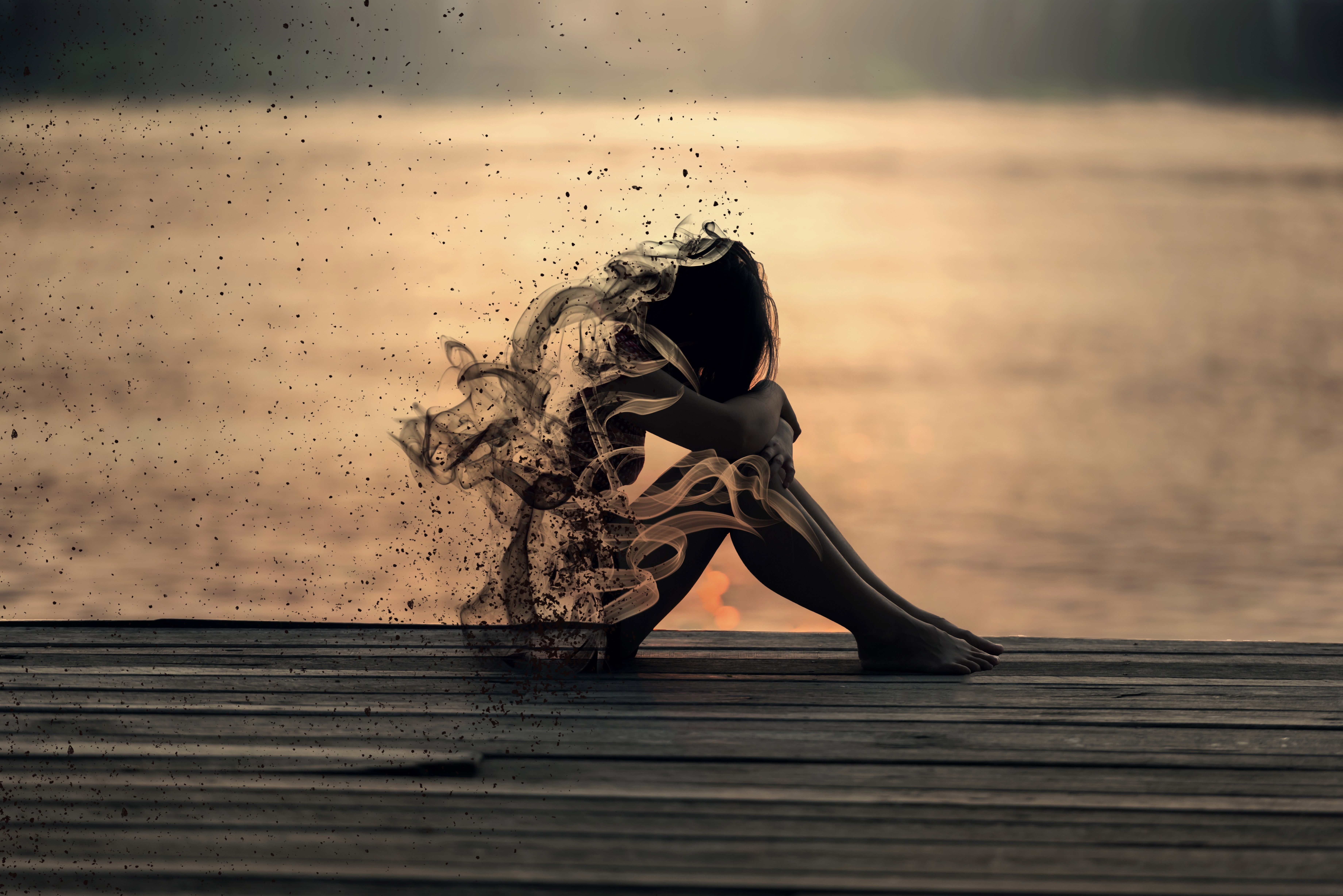 outdoors, pier, nature, 5k, one person, girl, wood - material, real people, artwork, 8k, 4k, 5K, lifestyles, adult, sitting, artist, hd, sunset, sad, digital art, HD Wallpaper